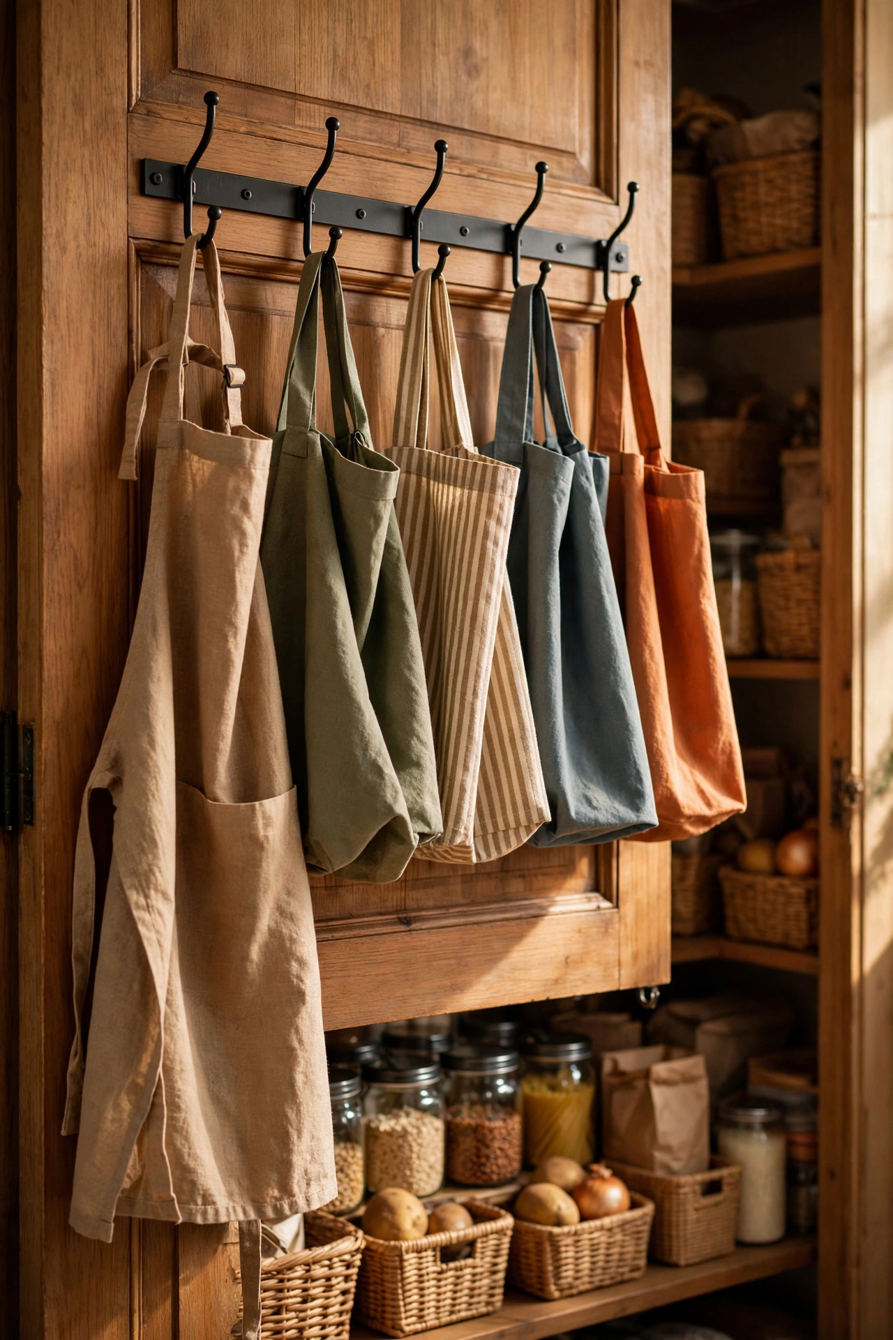 Over-the-door hooks on a pantry door holding aprons and shopping bags
