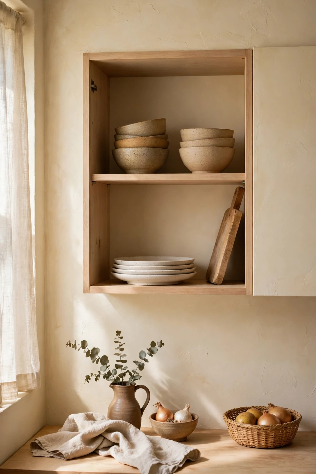 Open kitchen cabinet styled with stoneware bowls and wooden boards