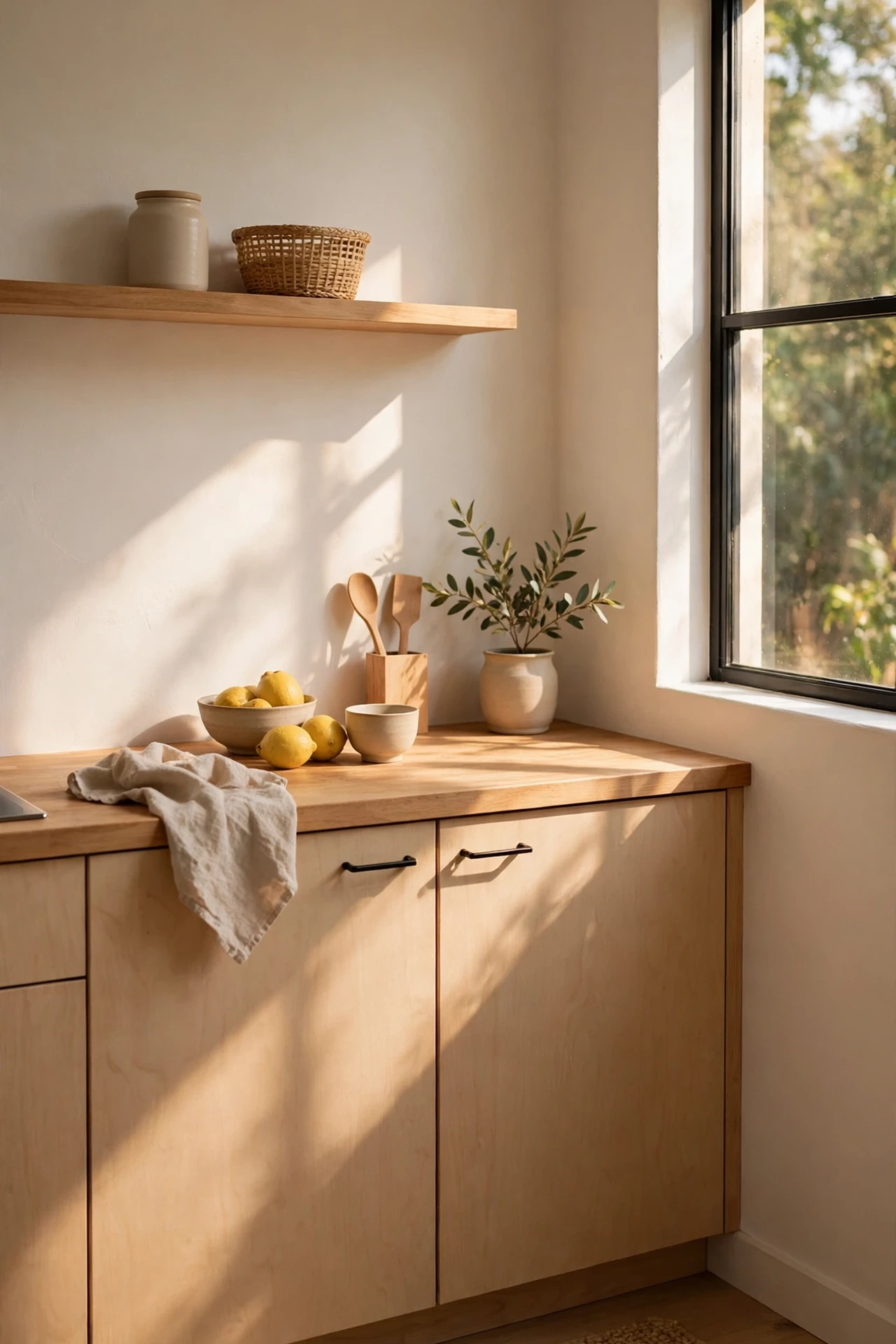 Small kitchen repainted in warm off-white with soft natural light