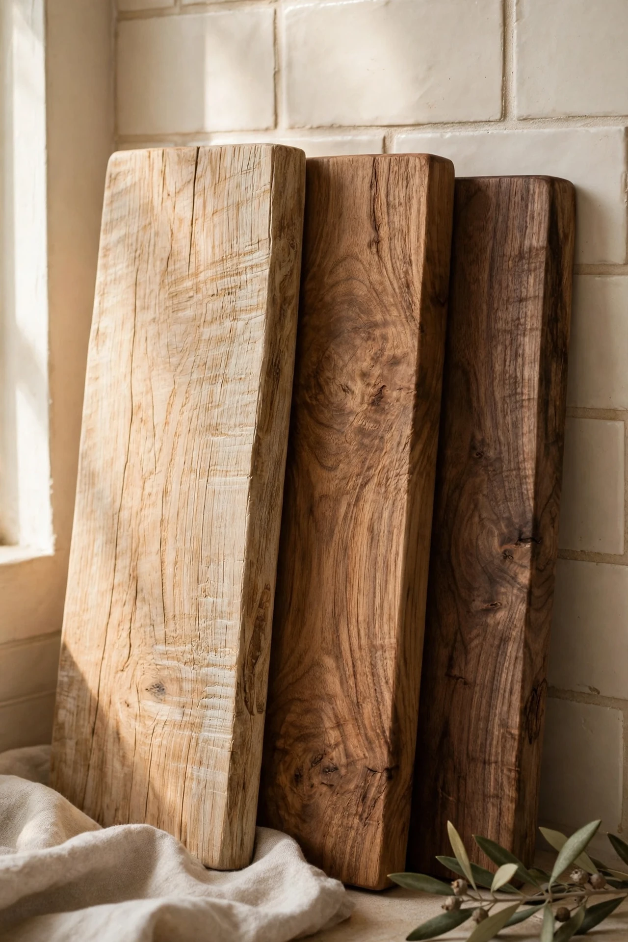 Wooden cutting boards leaning against a neutral kitchen splashback