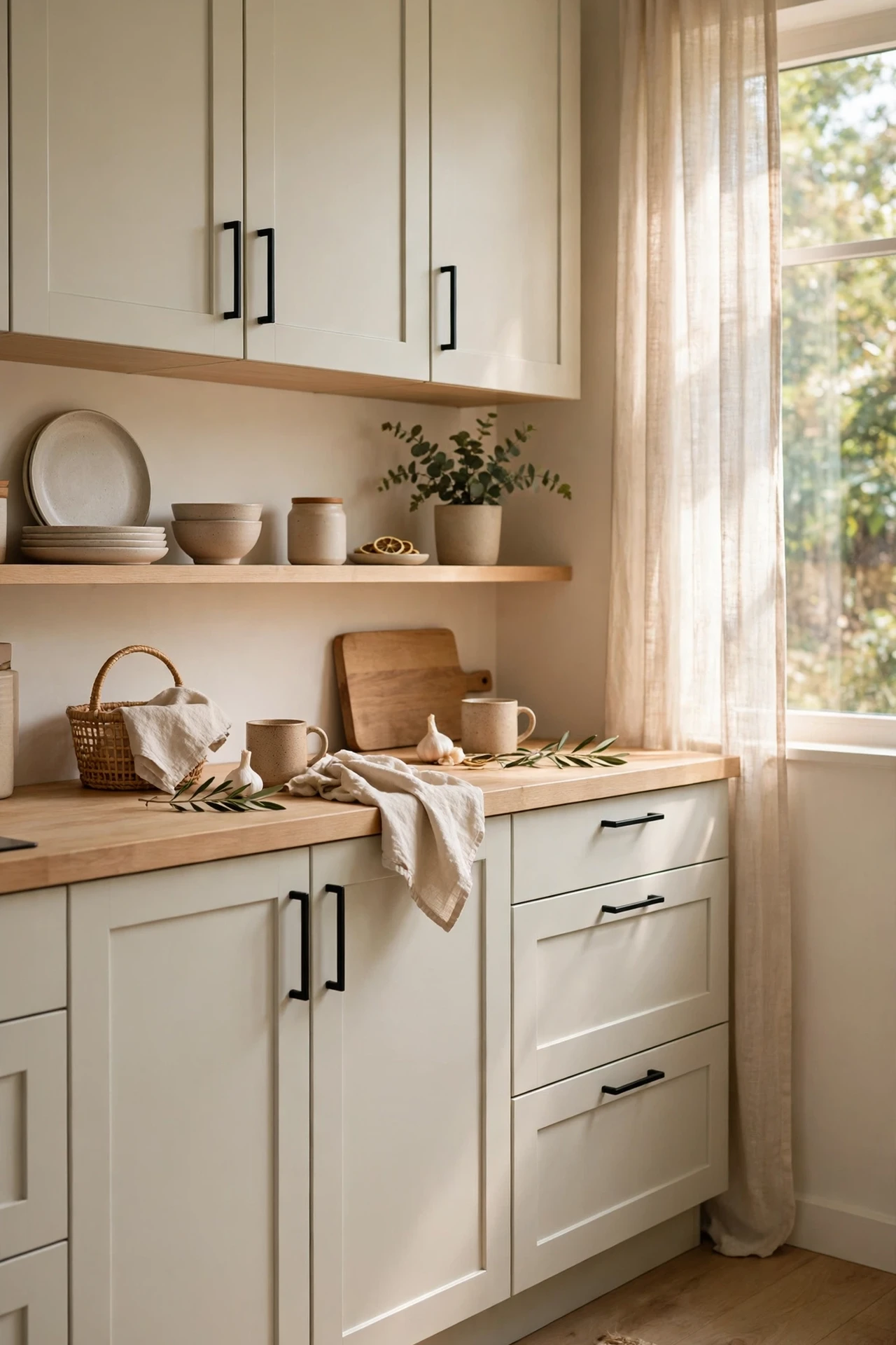 Pale kitchen cabinets fitted with slim matte black bar handles