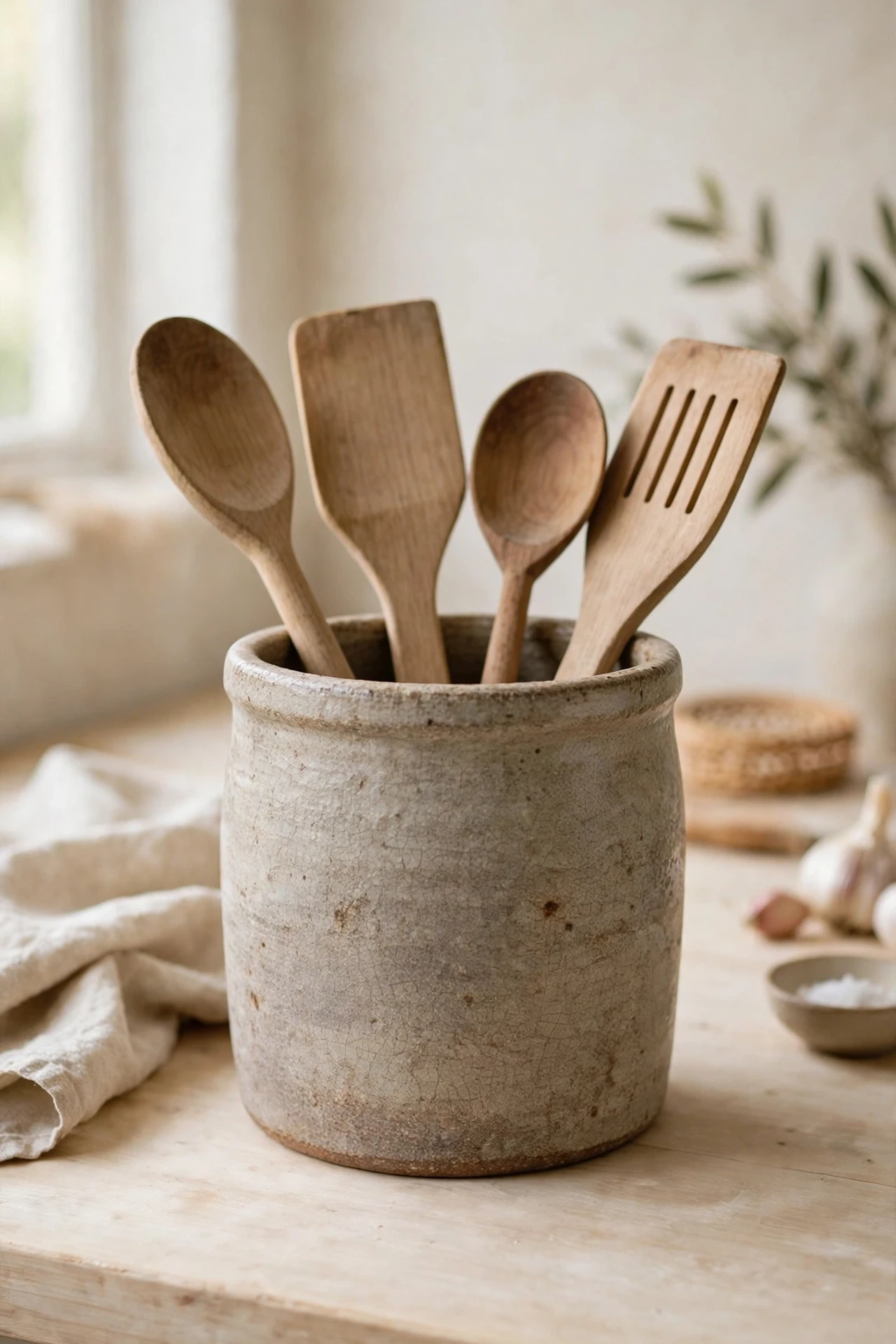 Stoneware crock holding wooden spoons on a kitchen worktop