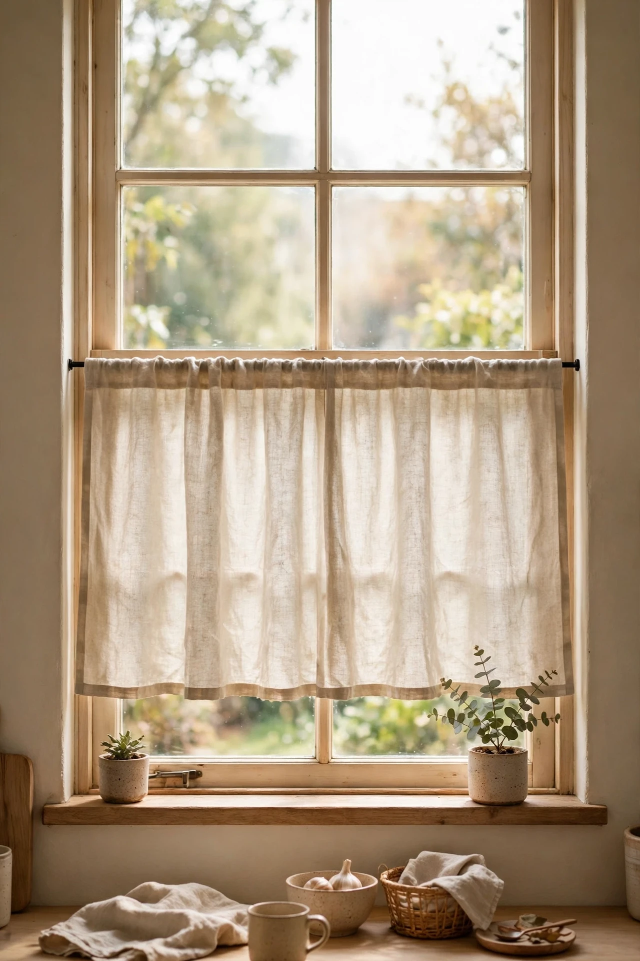 Linen cafe curtain on a kitchen window with soft daylight