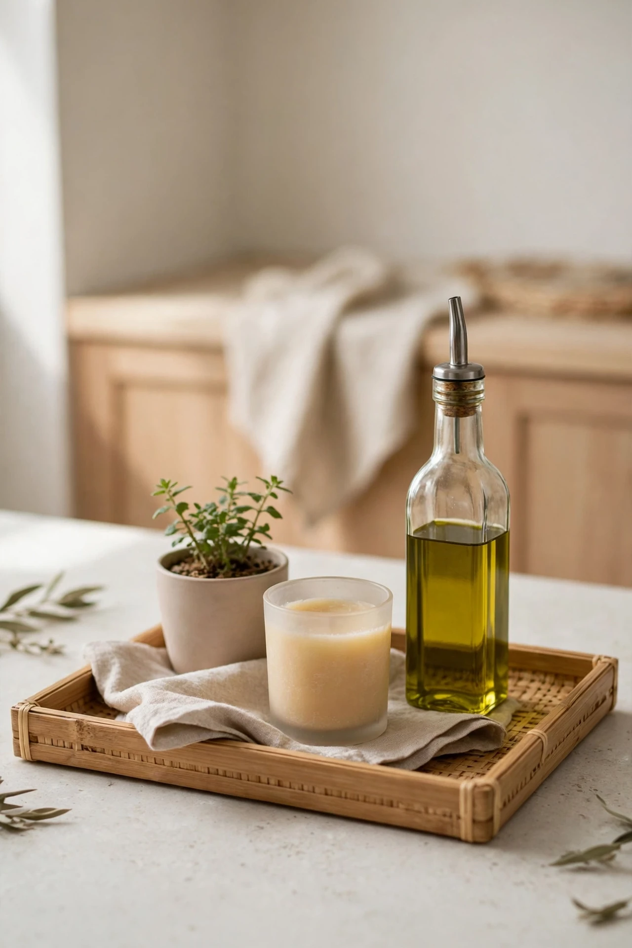 Bamboo tray styled with plant candle and oil on worktop