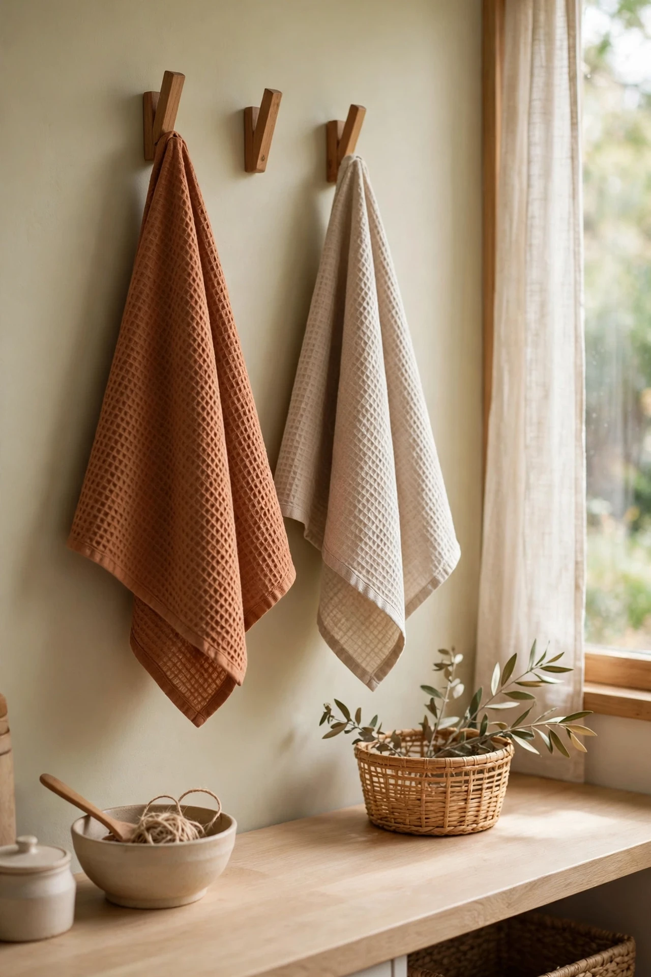 Neutral clay and oat tea towels hanging in a calm kitchen