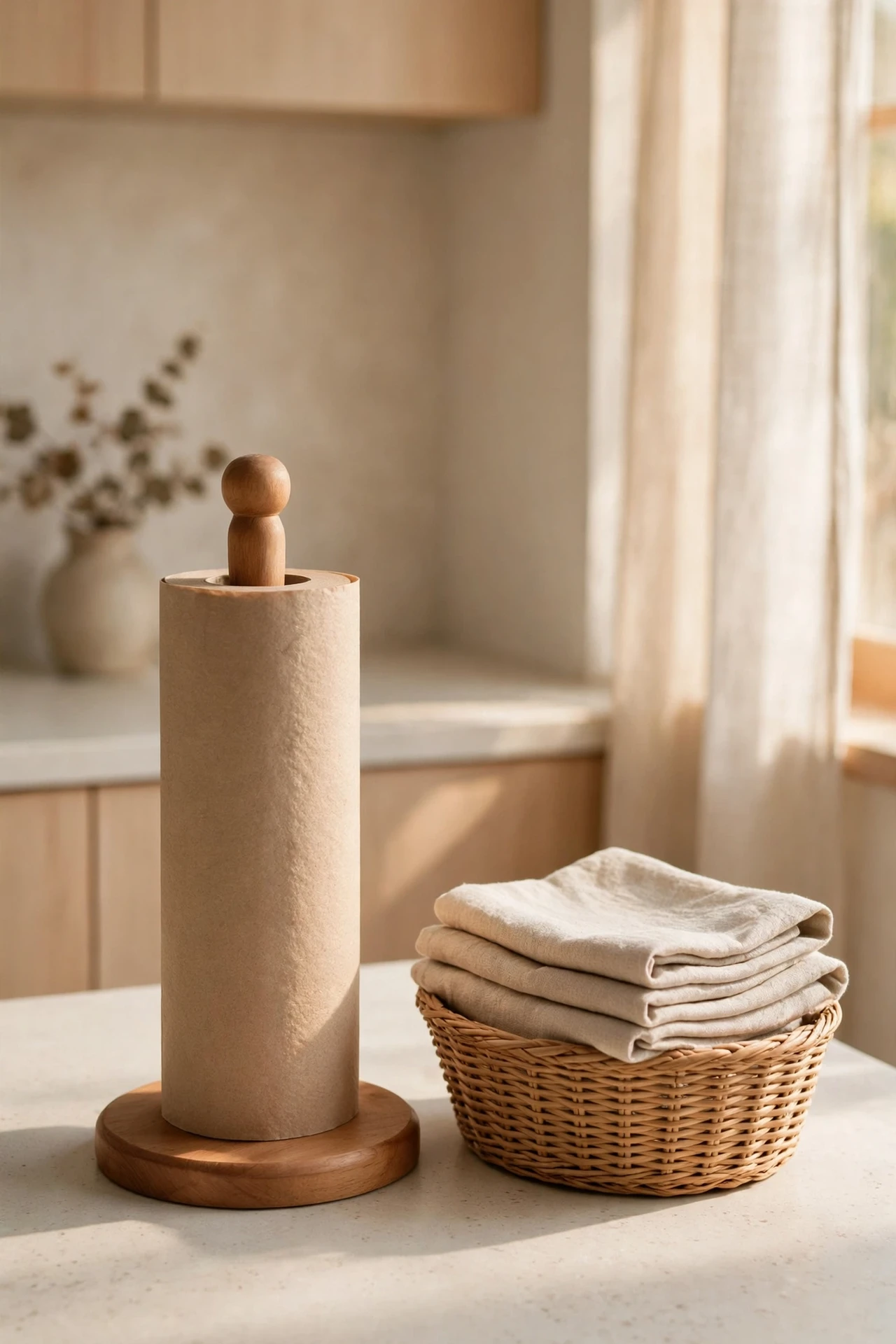 Wooden paper towel holder with linen cloths in a kitchen