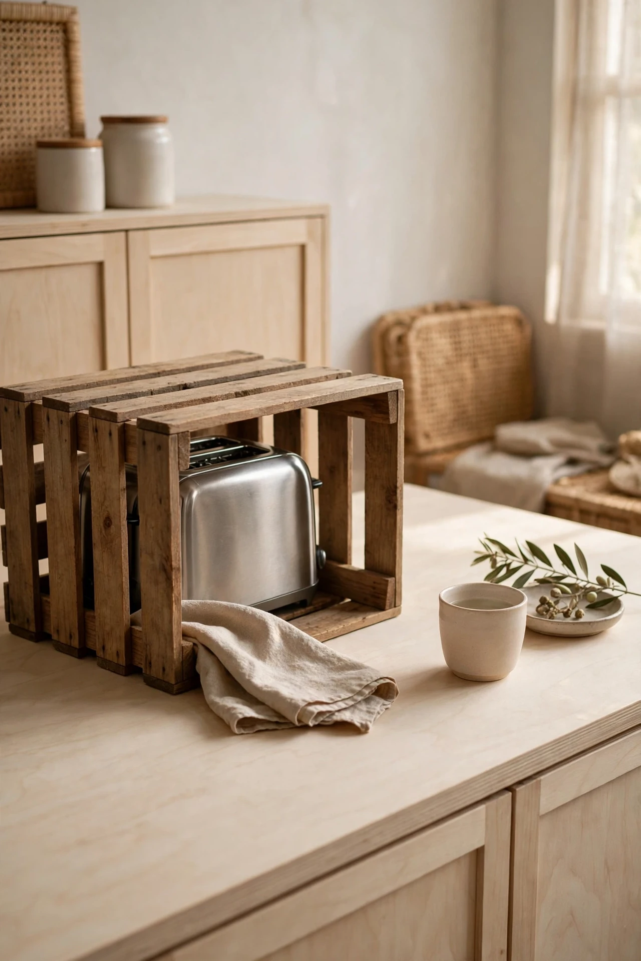 Wooden crate hiding a toaster on a tidy kitchen worktop