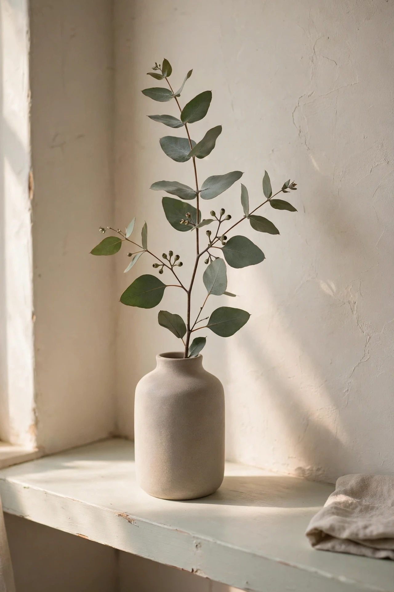 Single eucalyptus stem in a stoneware vase on kitchen shelf