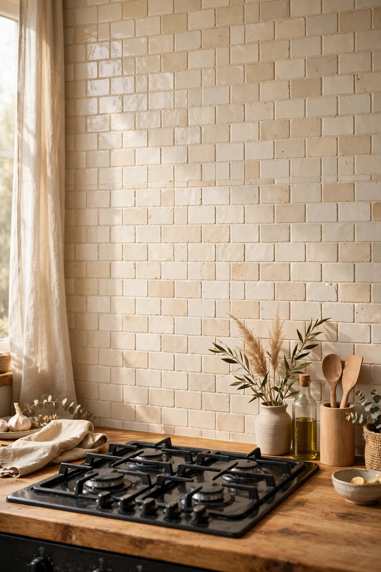 Cream zellige-look peel-and-stick tile splashback behind a hob