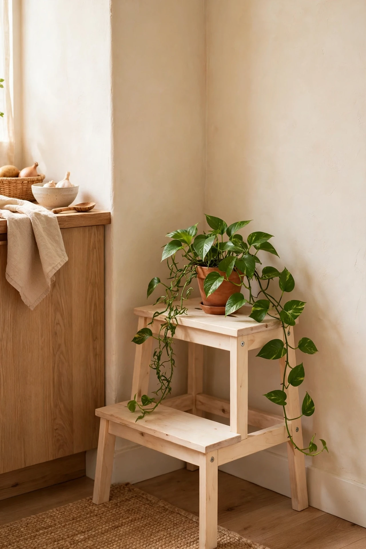 Pale wooden step stool with trailing plant in kitchen corner