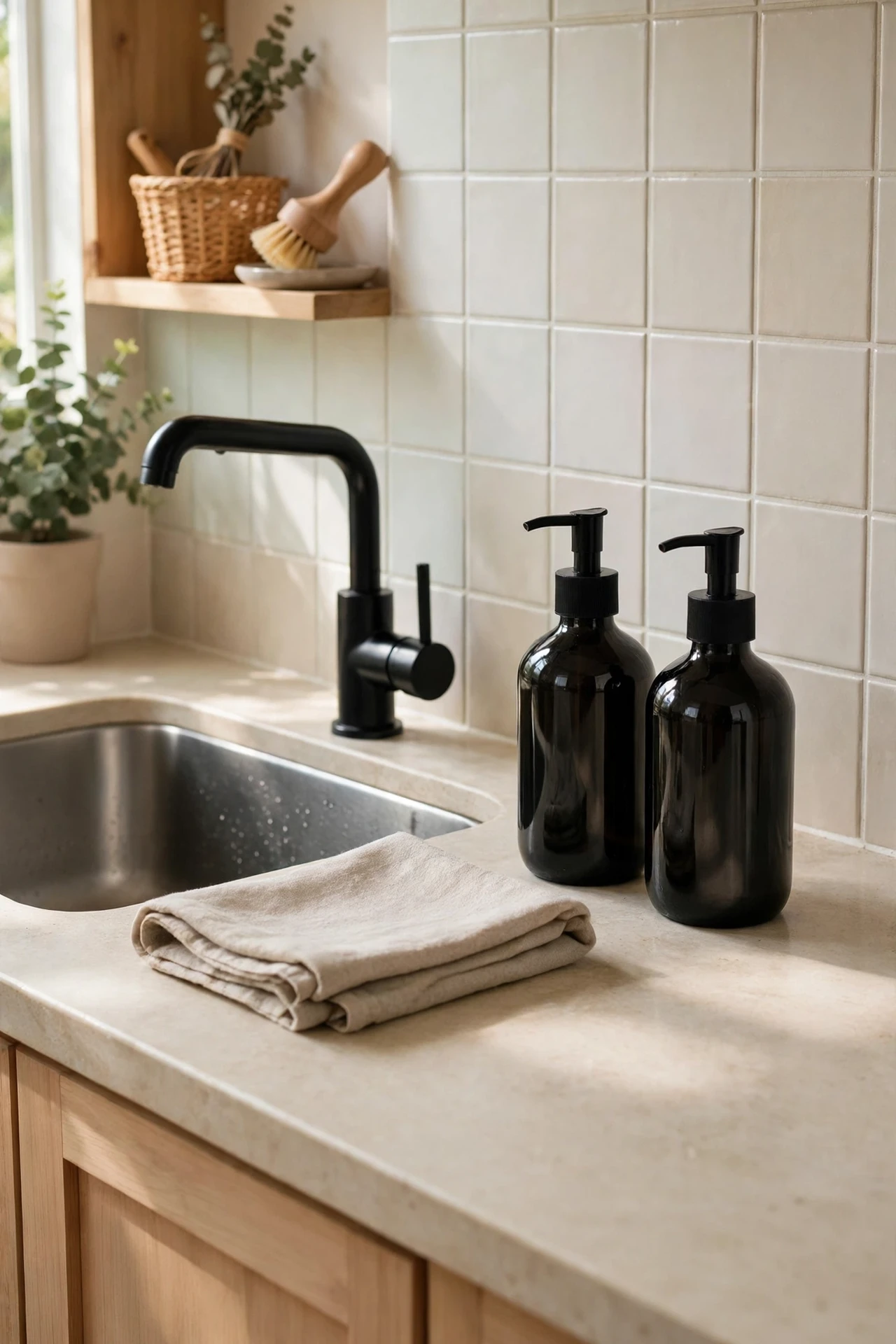 Matte black soap dispensers beside a calm kitchen sink