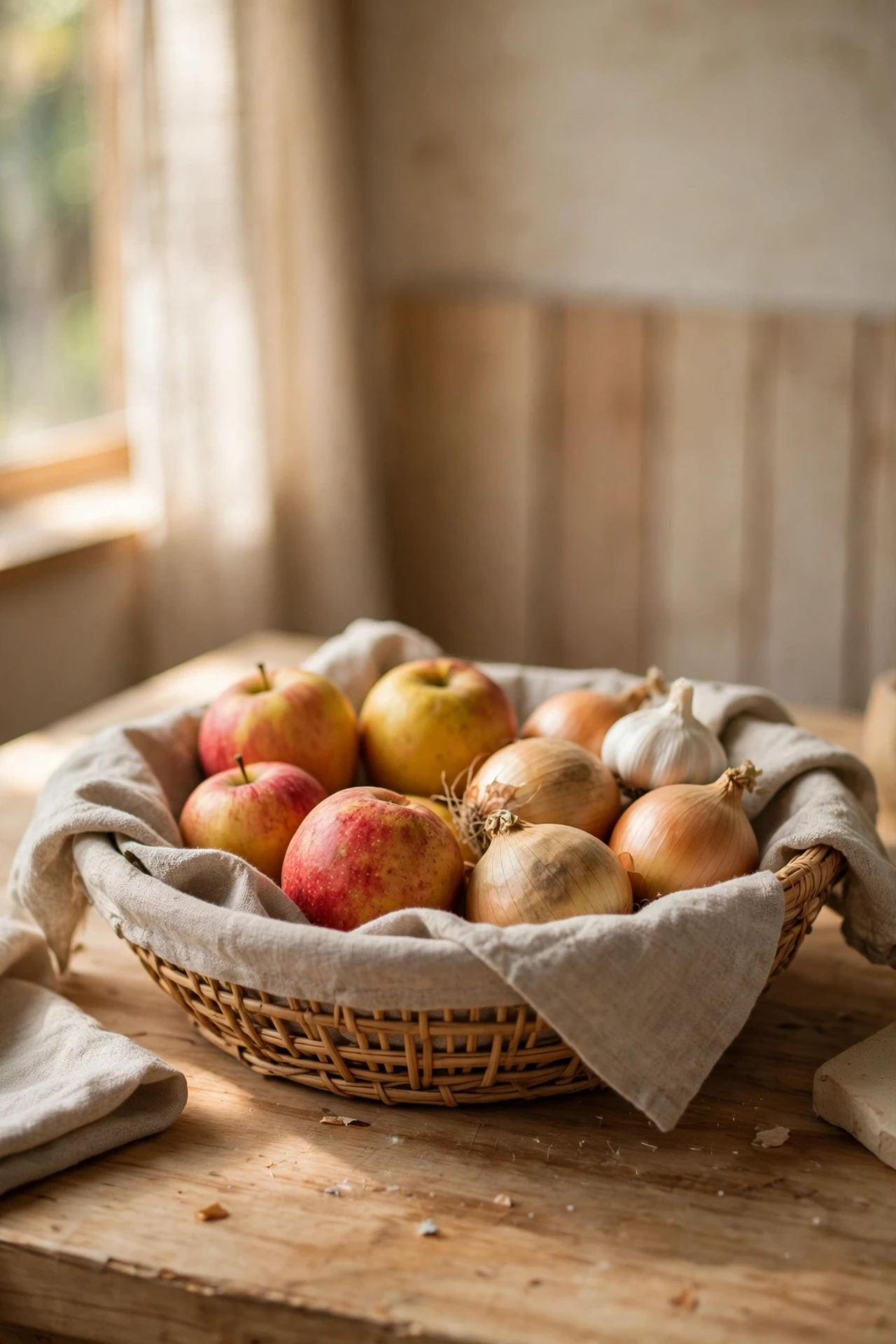 Rattan basket of fruit and onions on a wooden worktop
