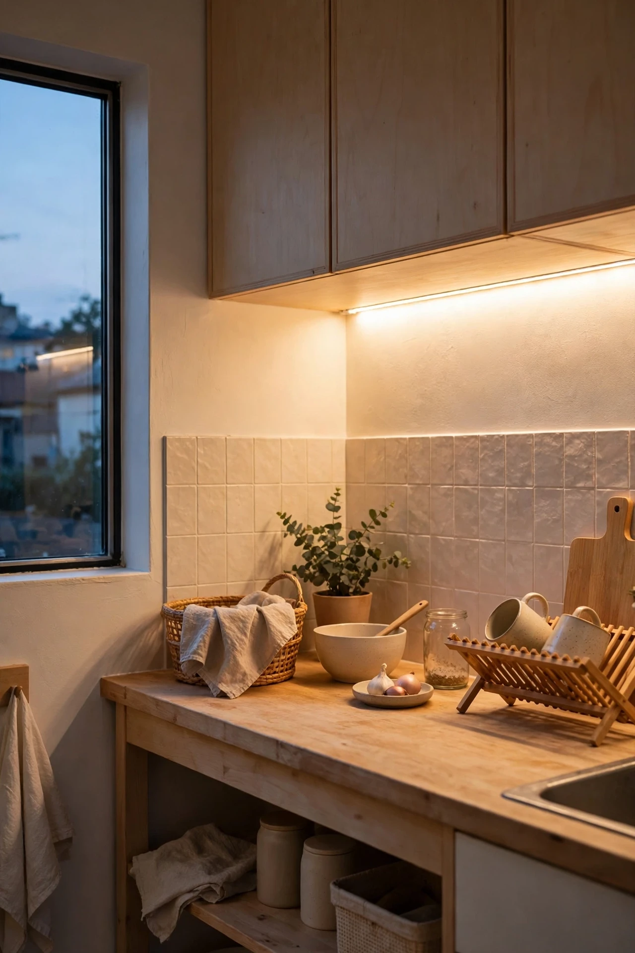 Warm LED strip lighting glowing under kitchen wall cabinets