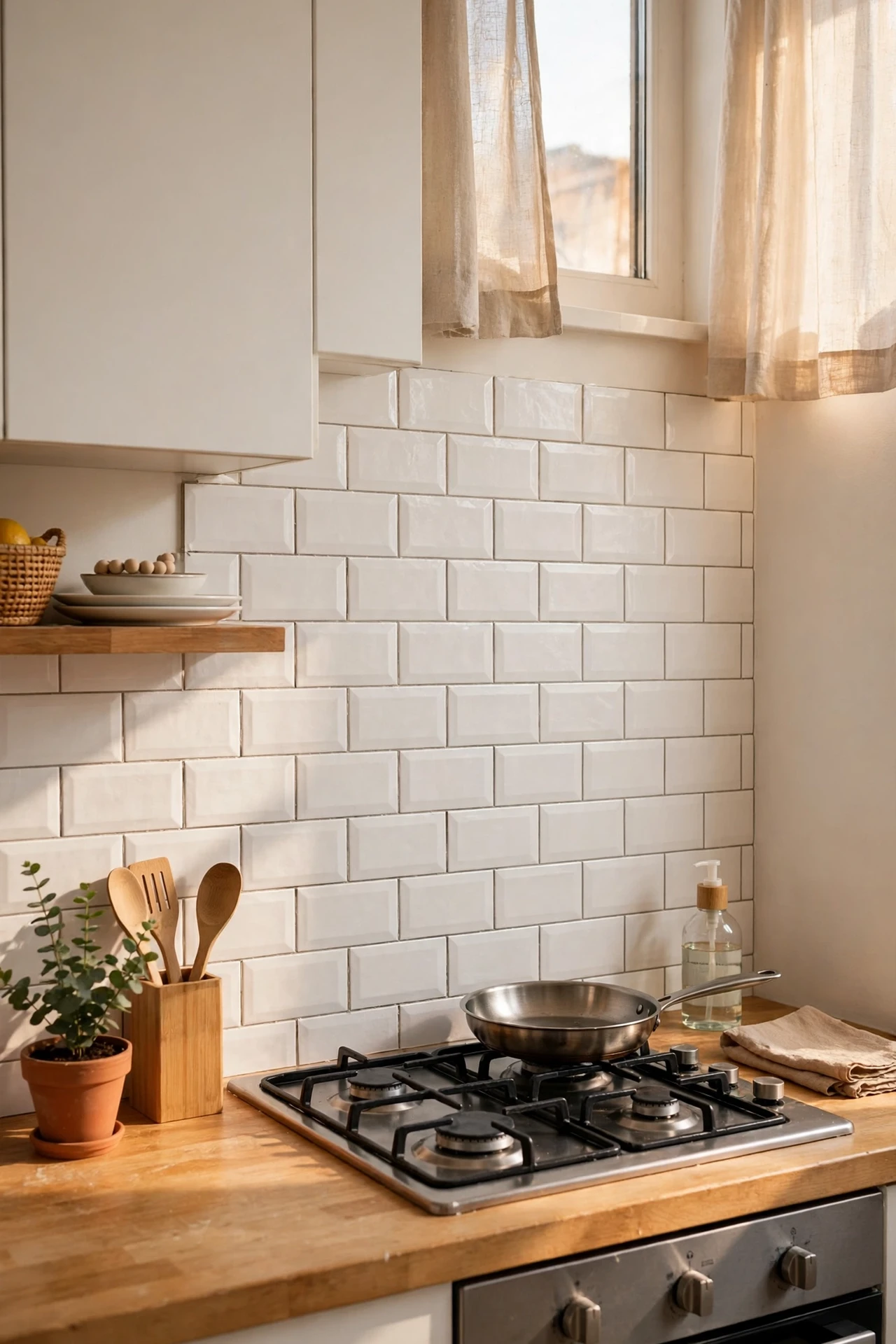 Peel-and-stick subway tile splashback in a bright rental kitchen