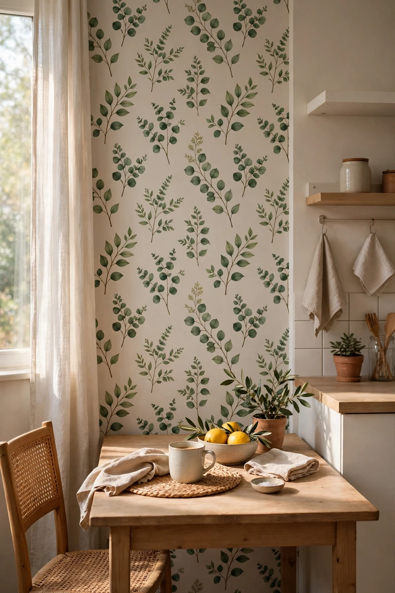 Removable botanical wallpaper accent wall behind a dining table