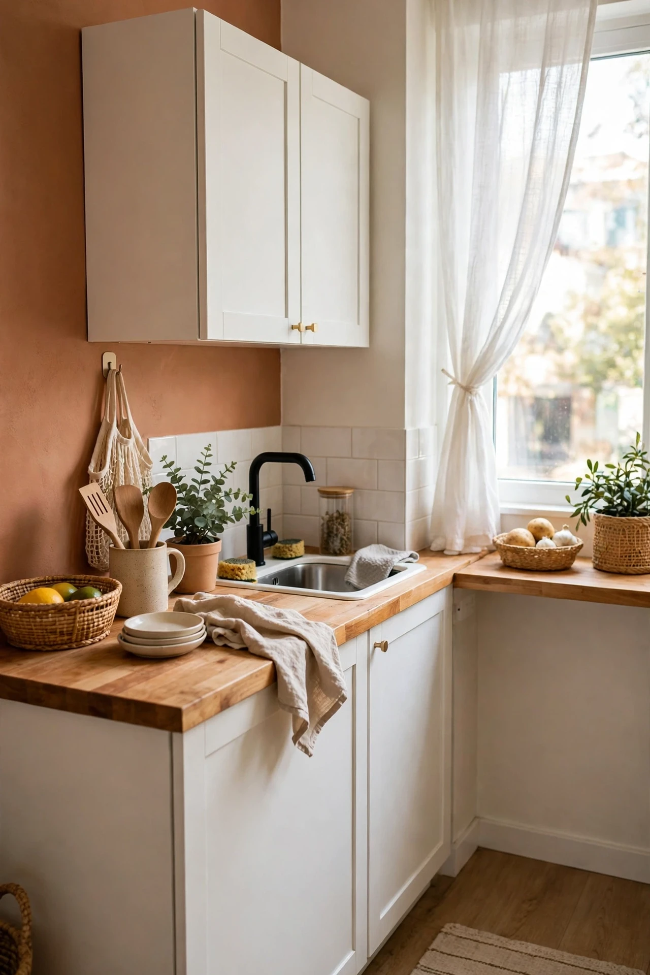 Kitchen with one warm clay painted feature wall and white units