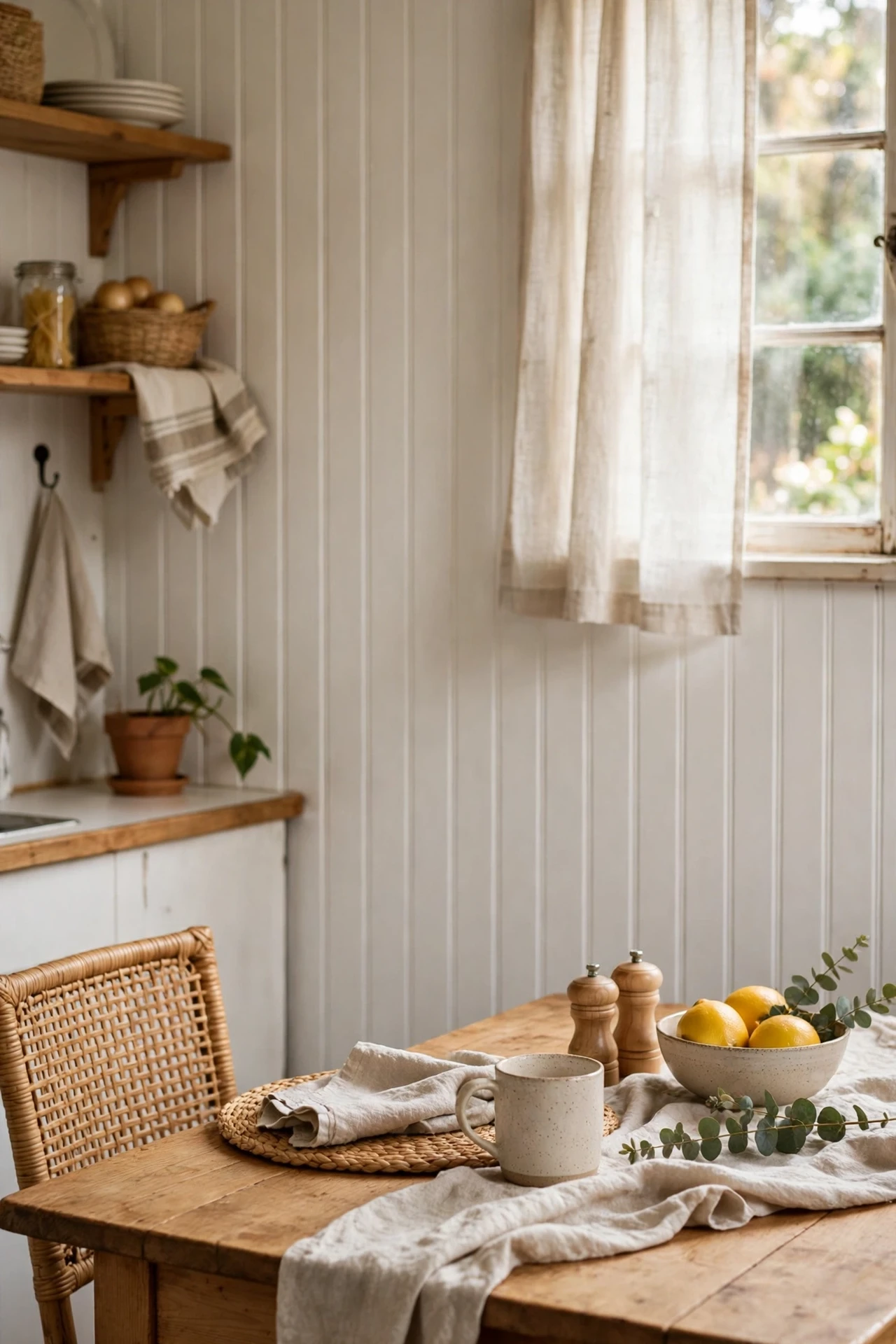 Peel-and-stick beadboard panelling behind a kitchen dining table