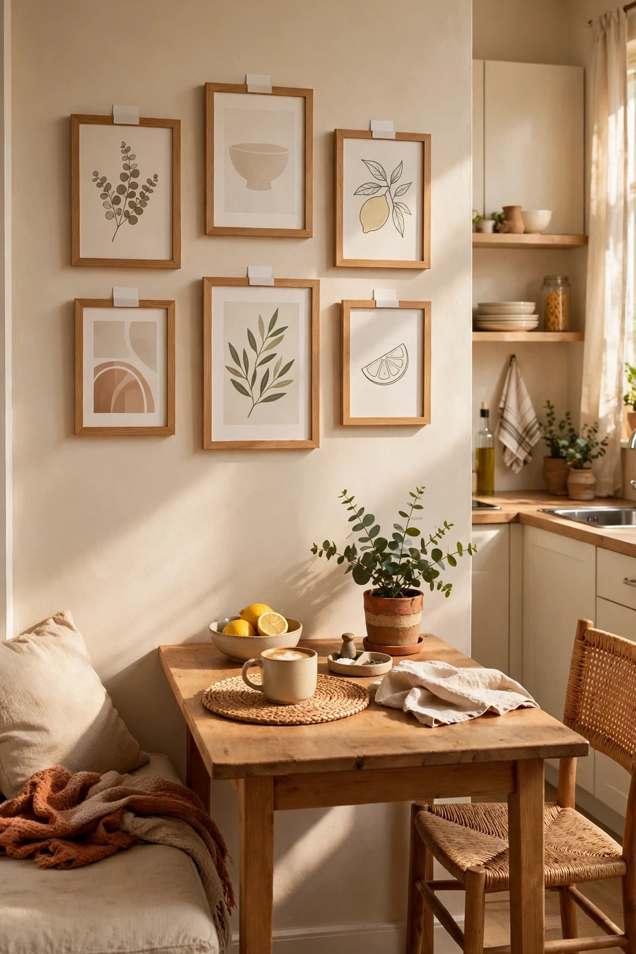 Framed prints hung with removable strips on a kitchen wall