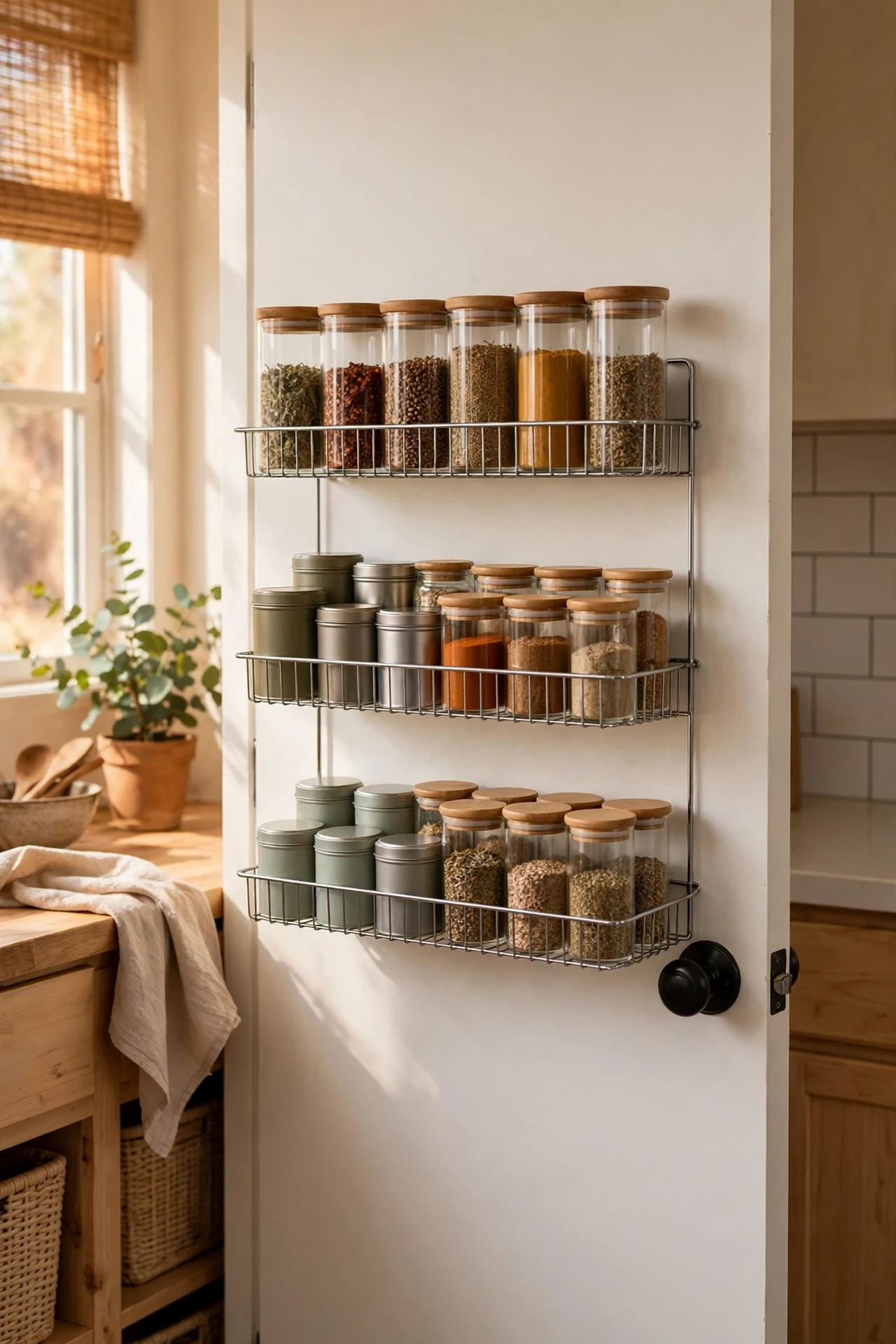 Over-the-door wire rack full of spice jars on a pantry door