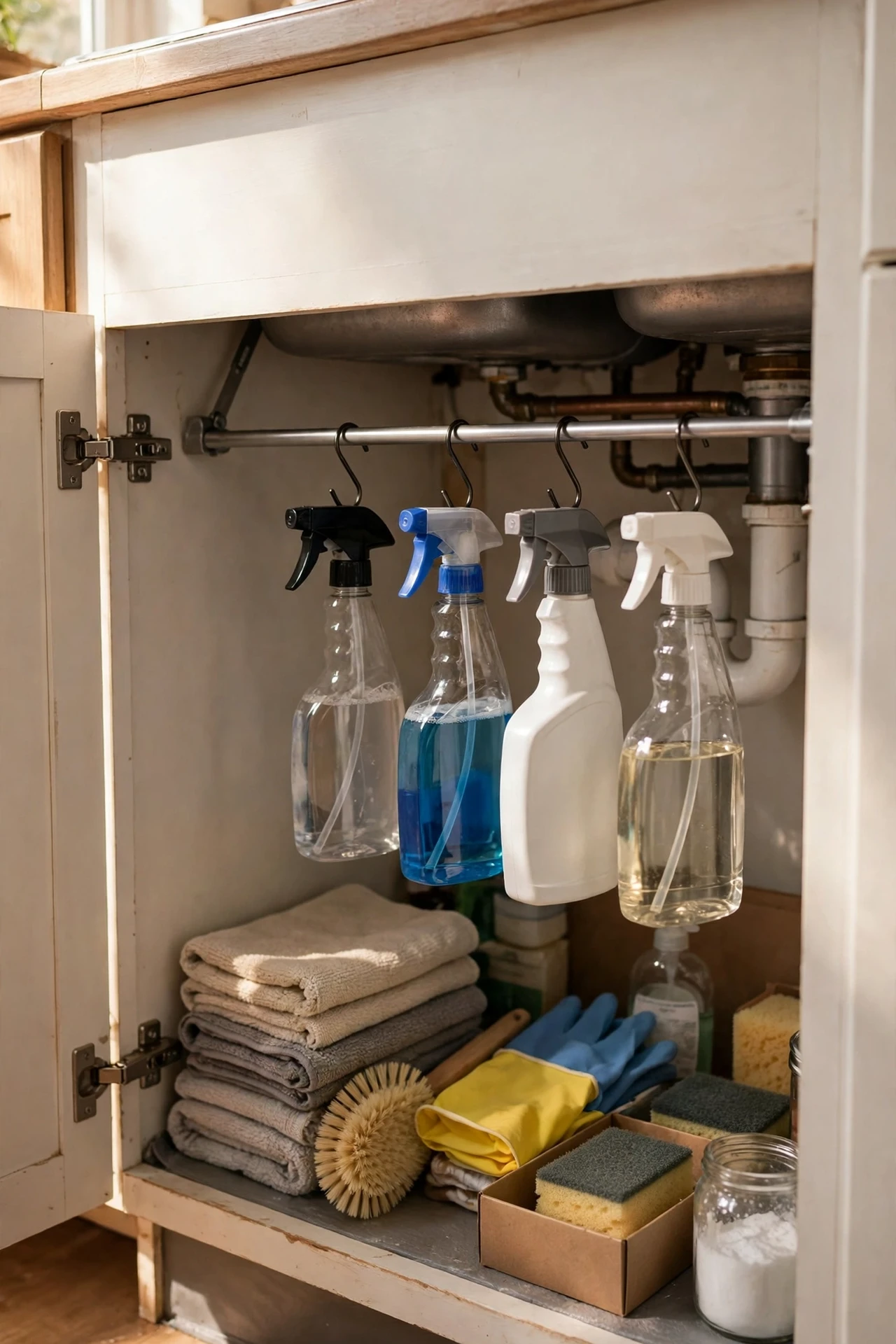 Tension rod with hanging spray bottles under a kitchen sink