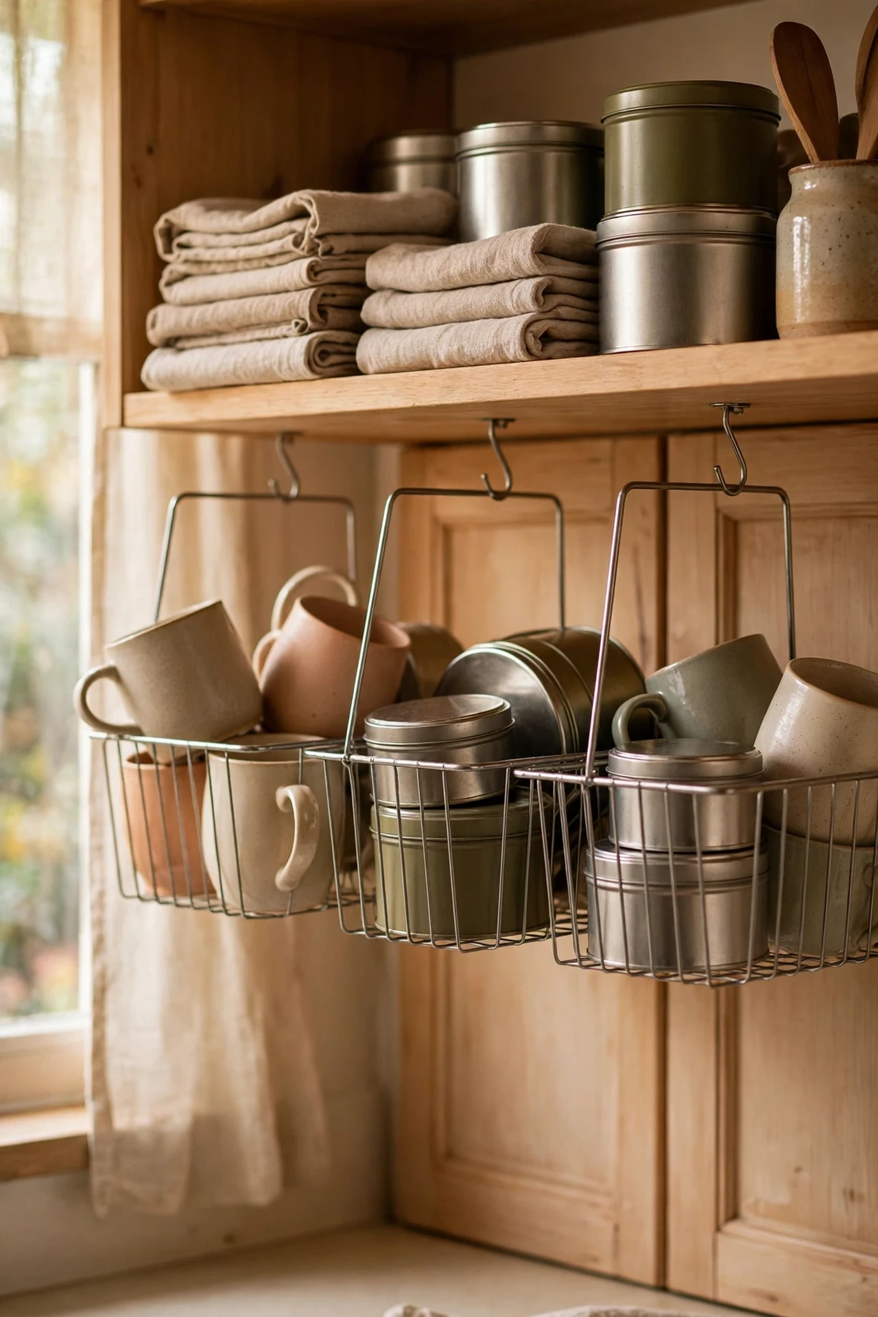 Under-shelf wire baskets doubling storage in a kitchen cupboard