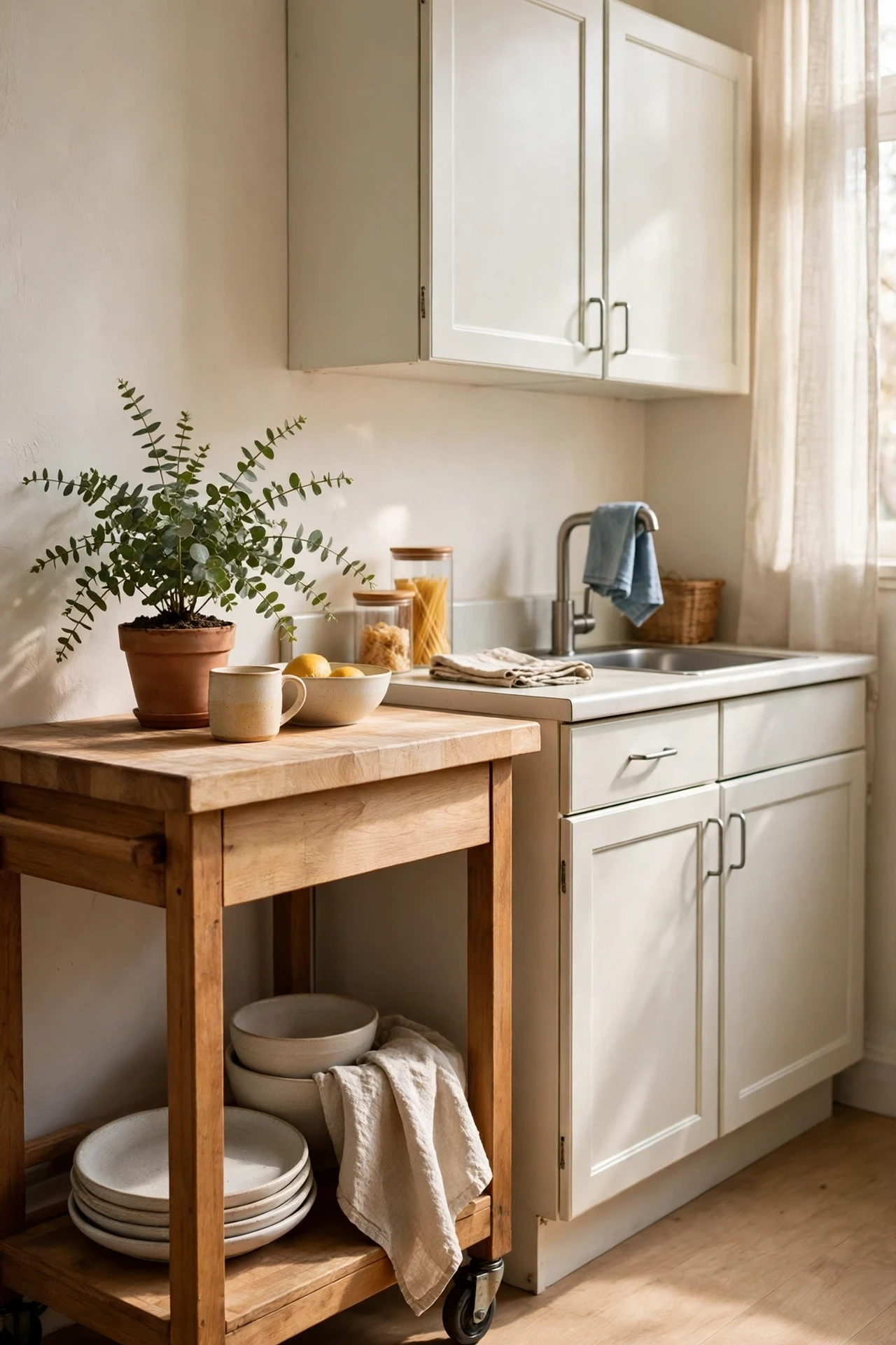 Rolling kitchen cart with butcher block top in a small kitchen