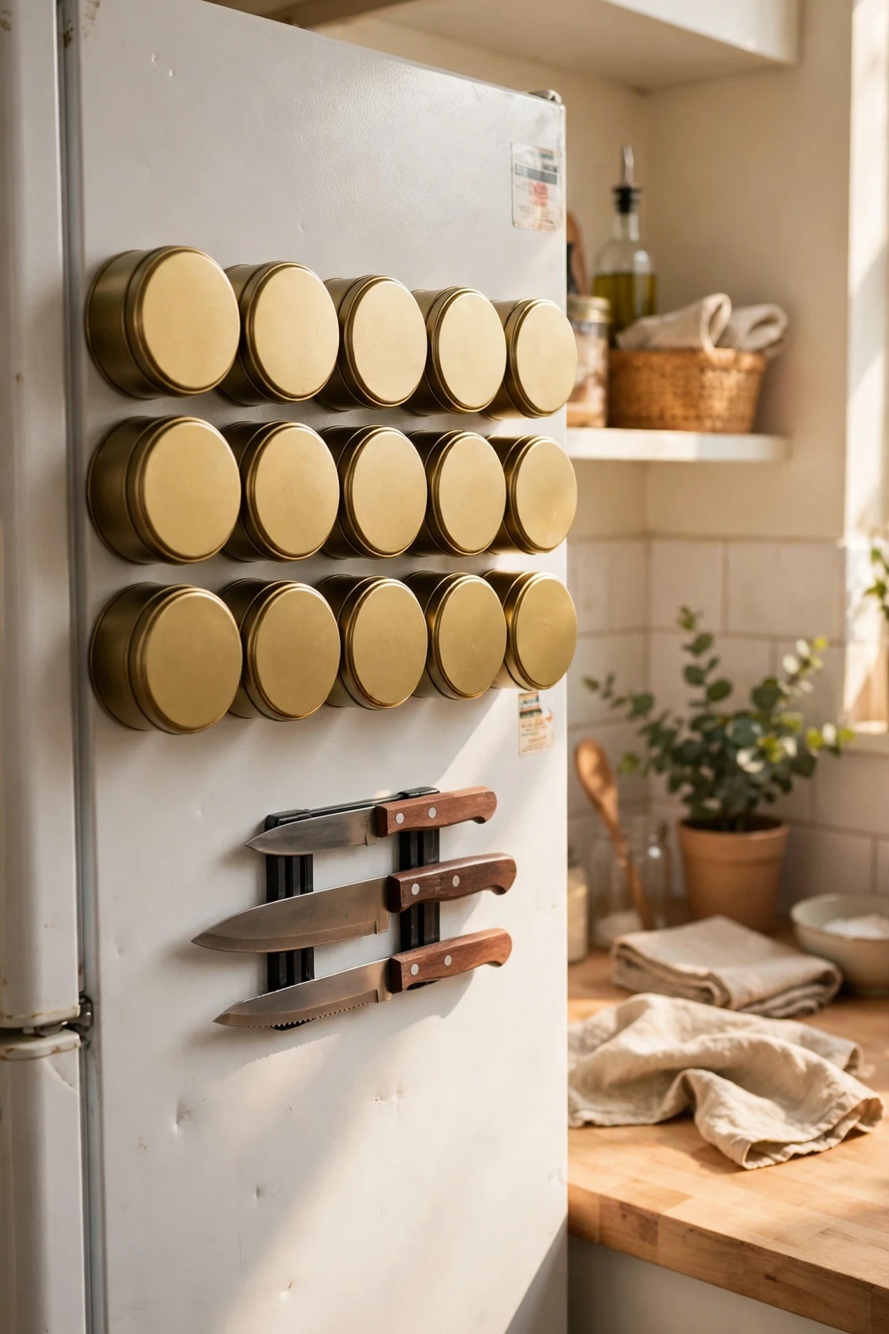Magnetic spice tins on the side of a rental fridge