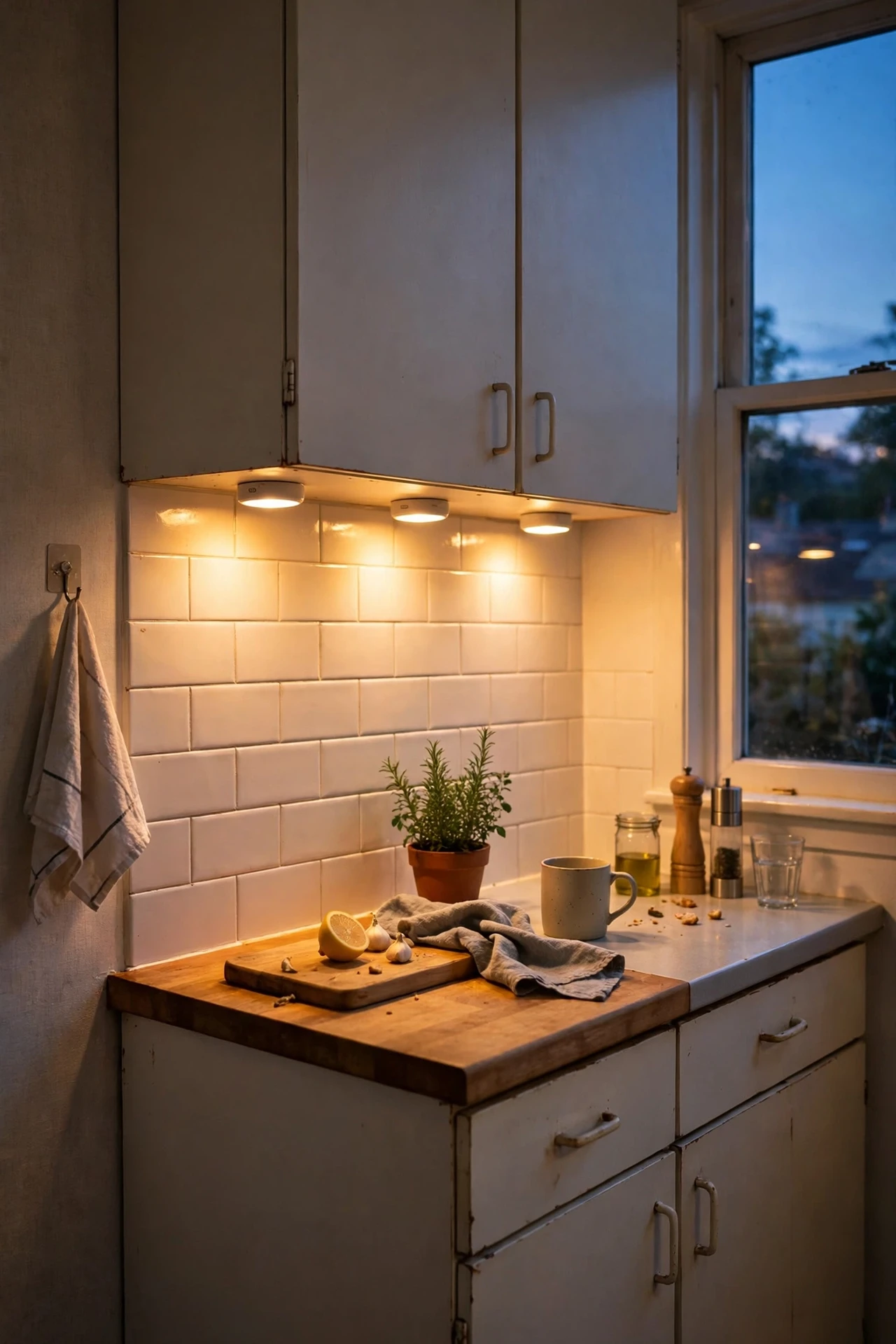 Battery puck lights glowing under kitchen wall cabinets