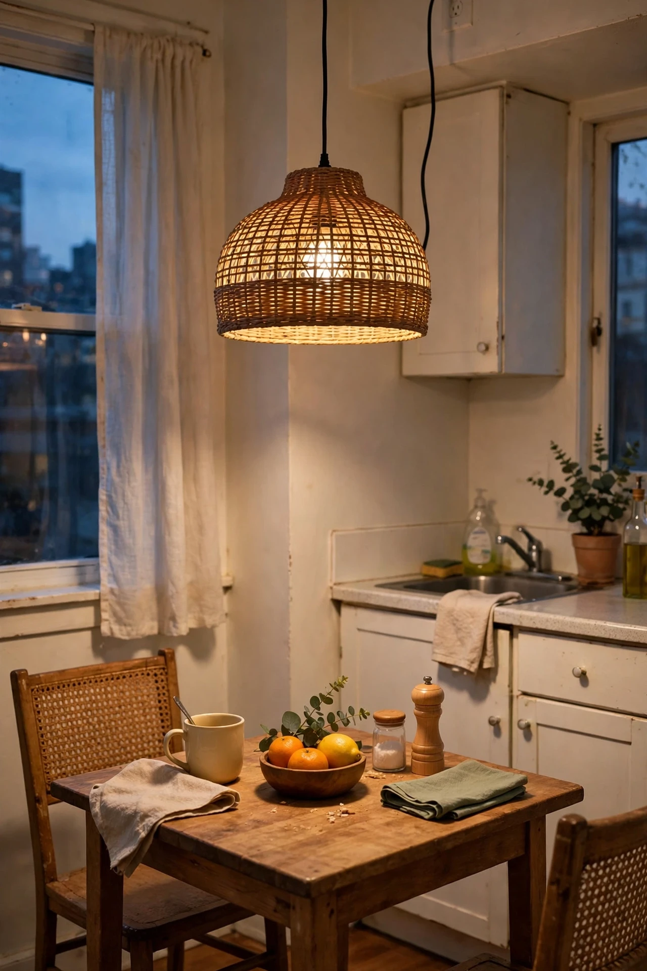 Plug-in pendant light with rattan shade over a dining table