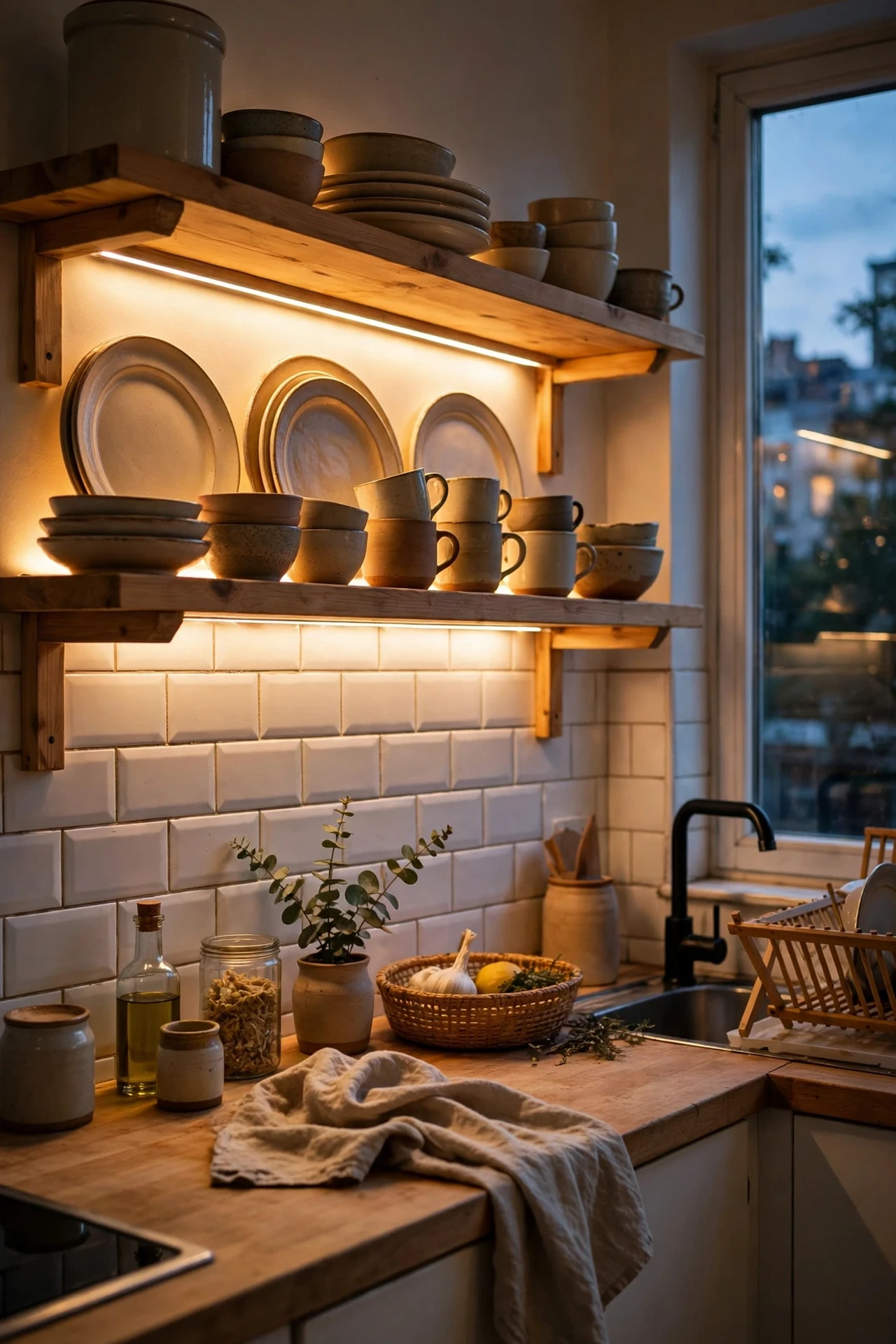 Warm LED strip lighting under open kitchen shelves at dusk