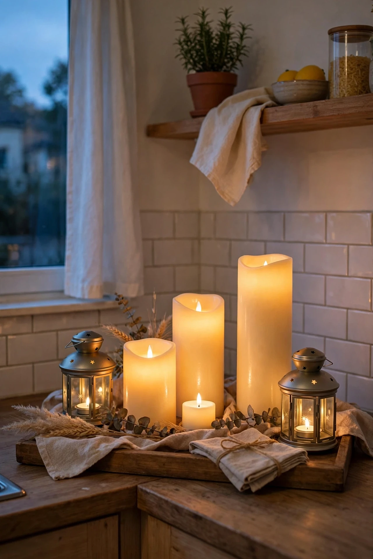 Cluster of flameless candles on a wooden tray in a kitchen