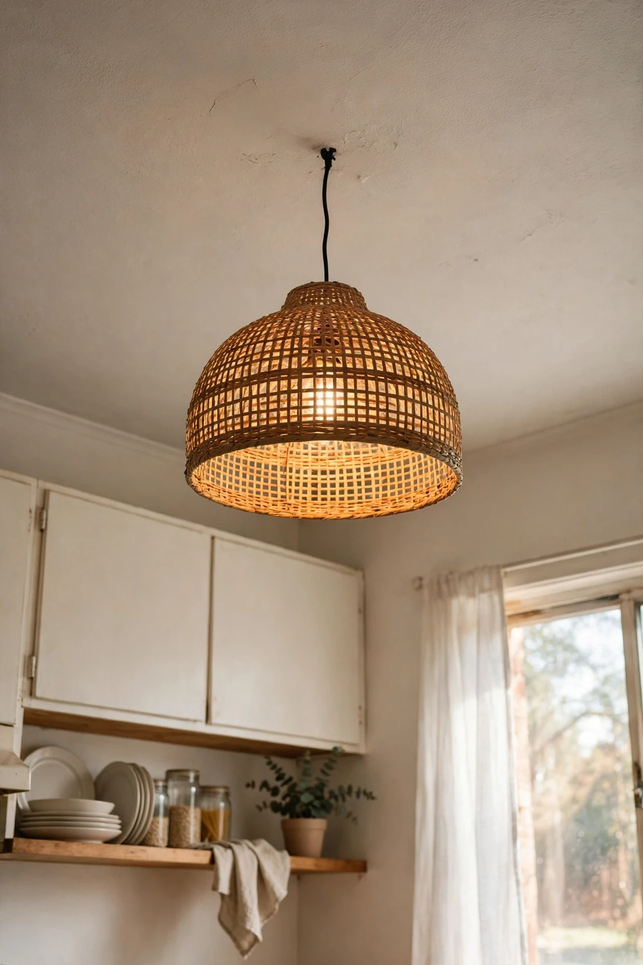 New rattan ceiling light shade in a rental kitchen