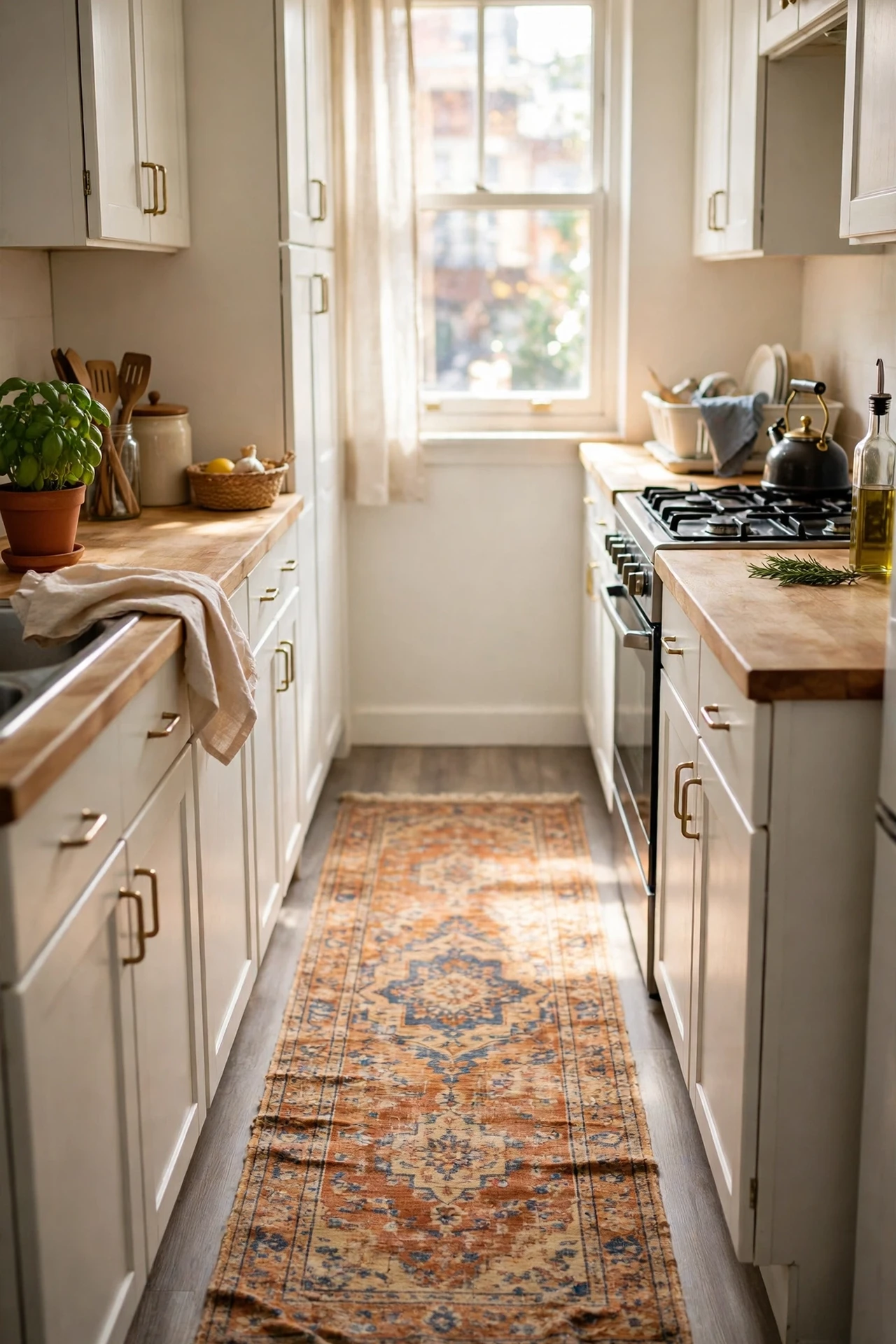 Washable vintage-style runner rug in a galley kitchen