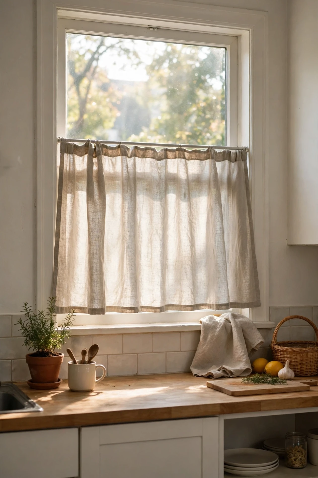 Linen cafe curtain on a kitchen window with morning light