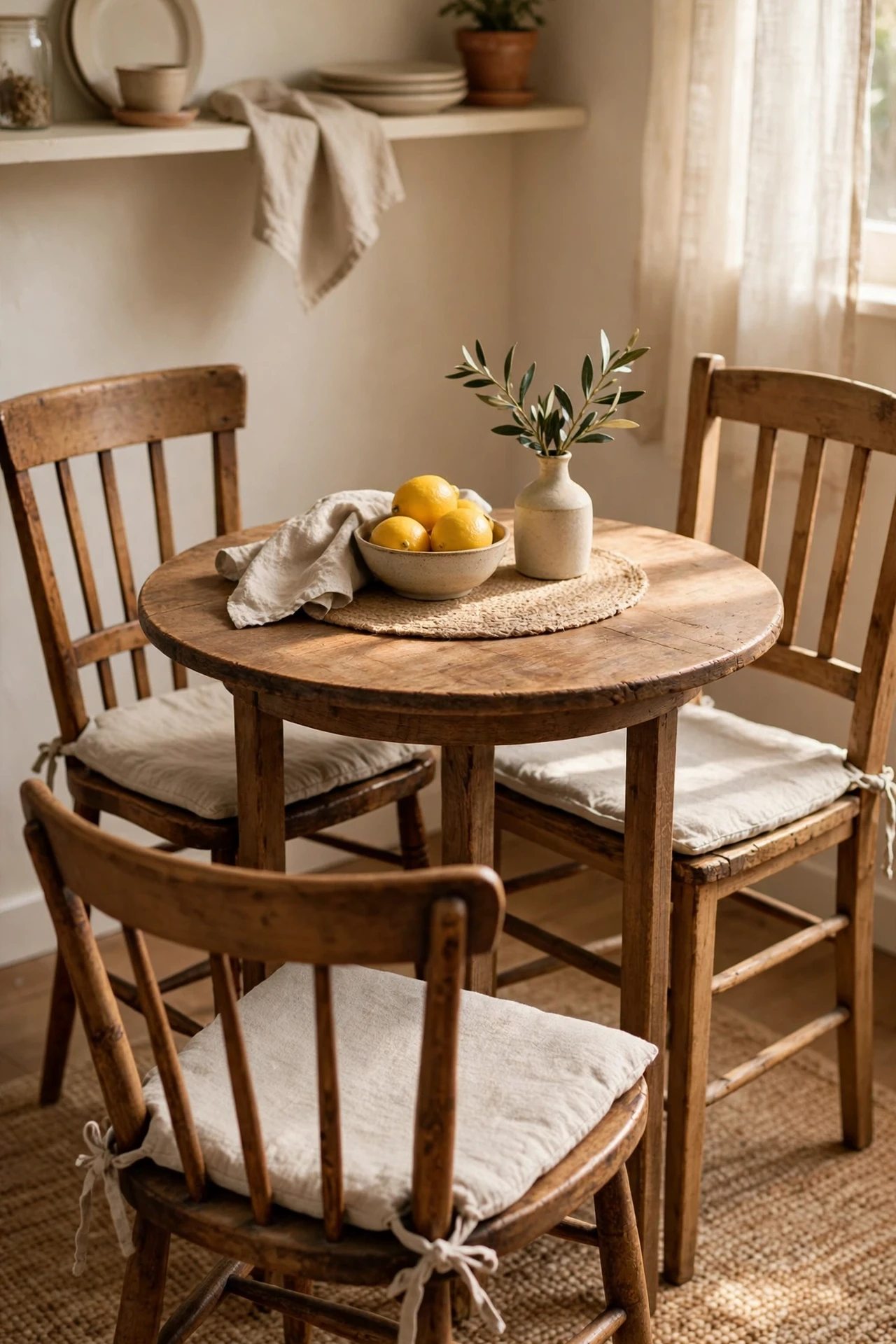 Dining chairs with matching linen tie-on seat pads