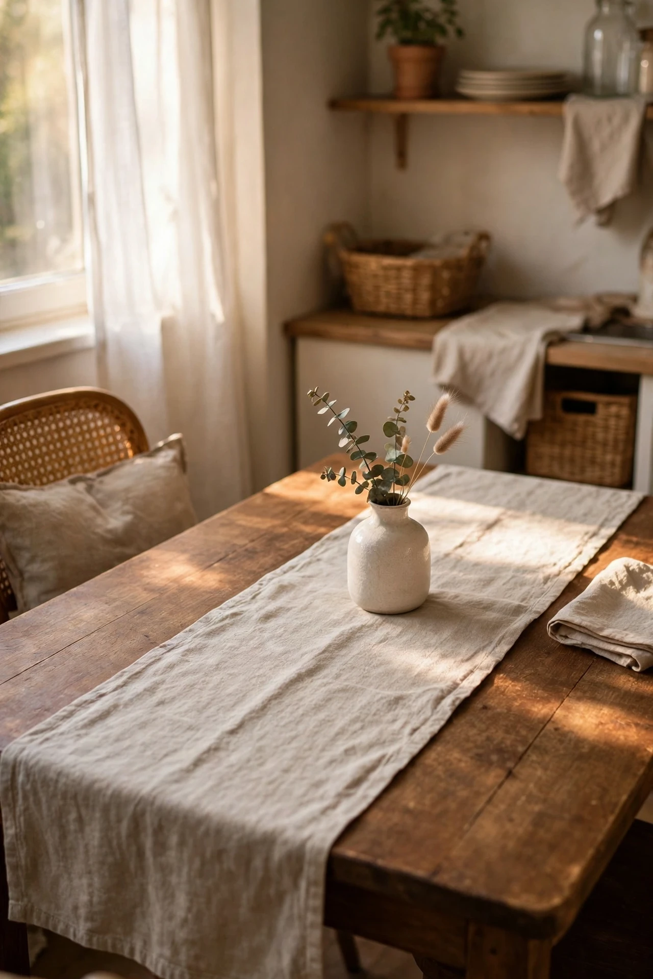 Natural linen table runner on a scarred wooden dining table