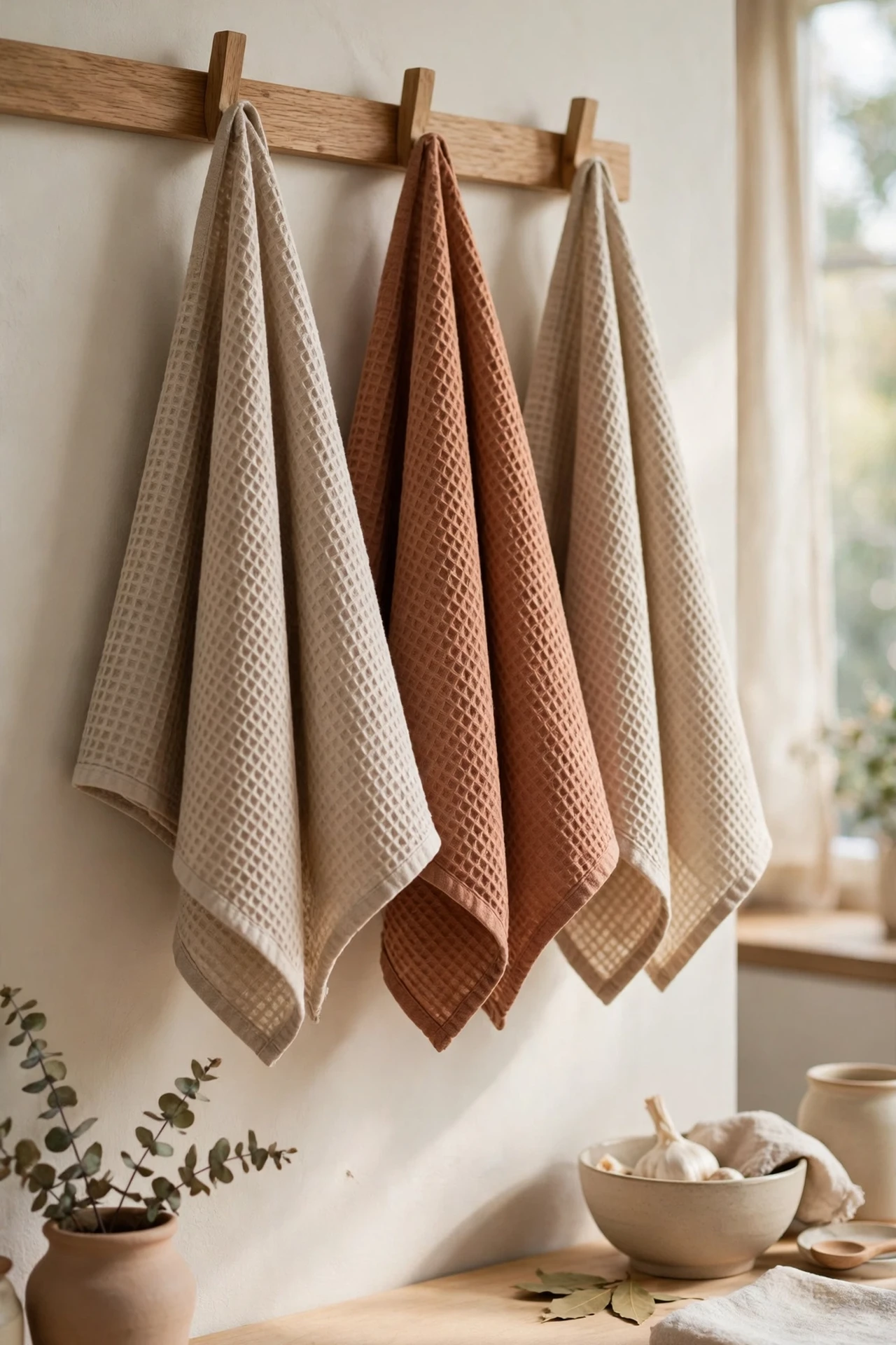 Matching oat and clay tea towels hanging in a kitchen