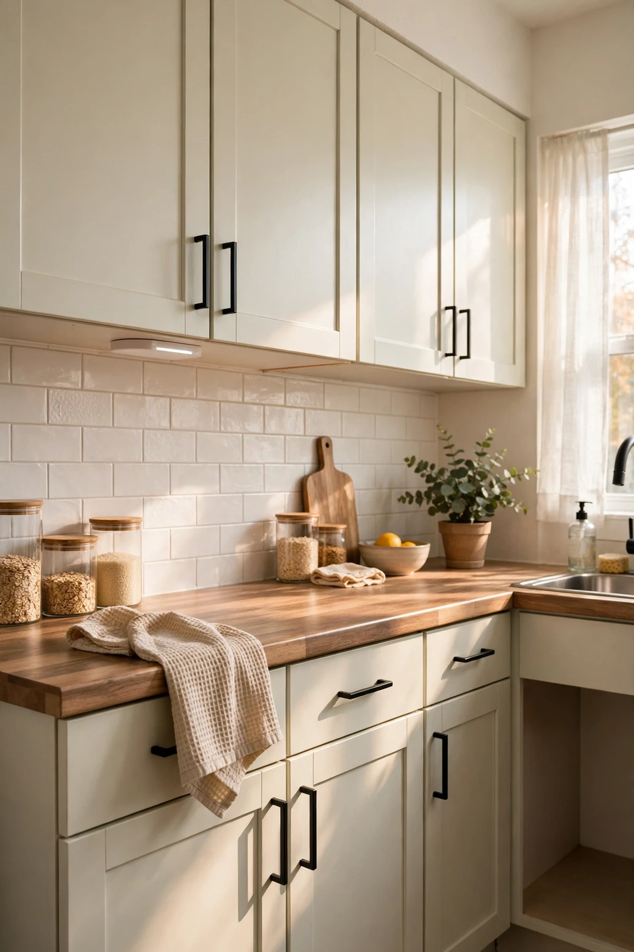 Pale kitchen cabinets with new matte black bar handles