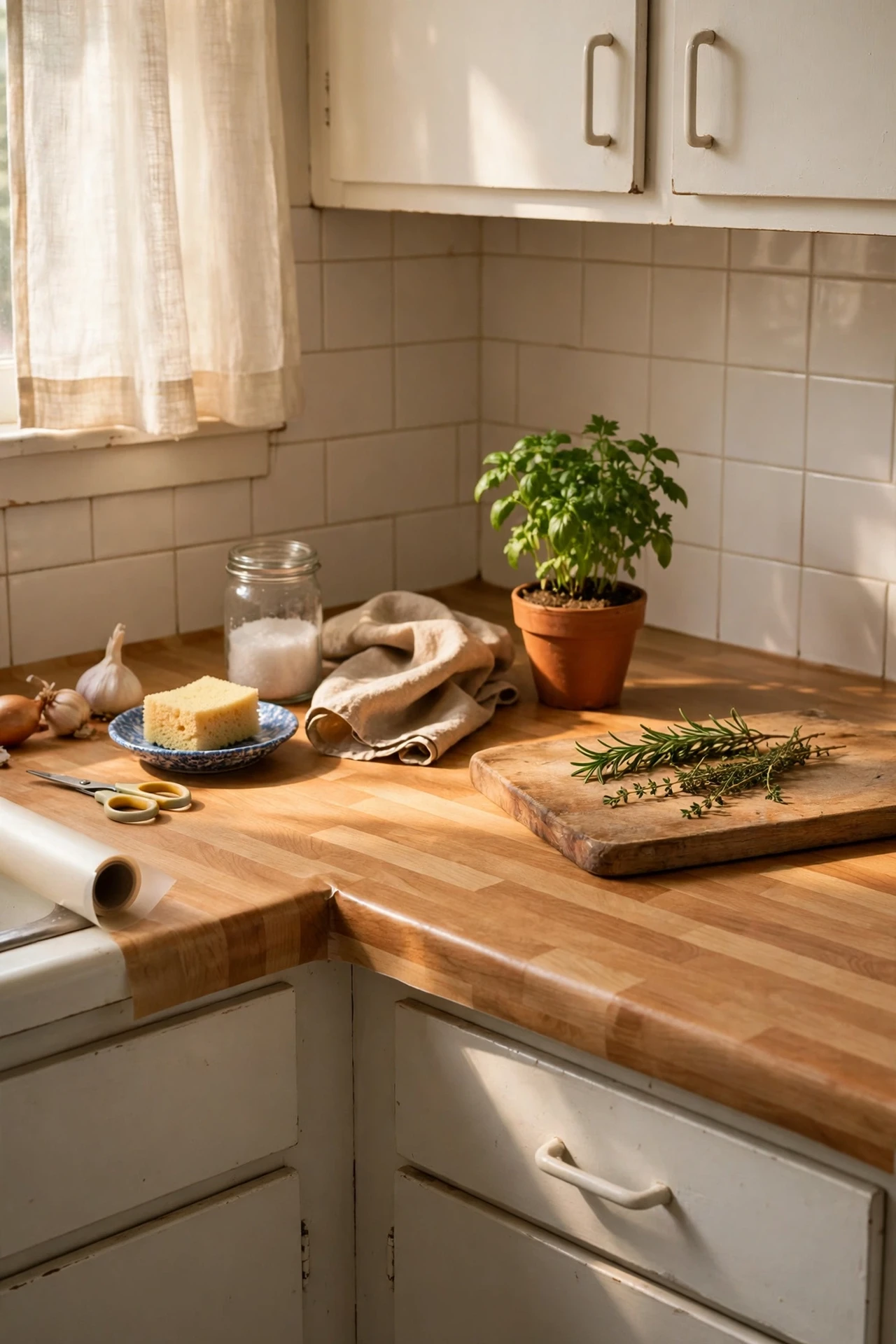 Laminate worktop refreshed with butcher block contact paper