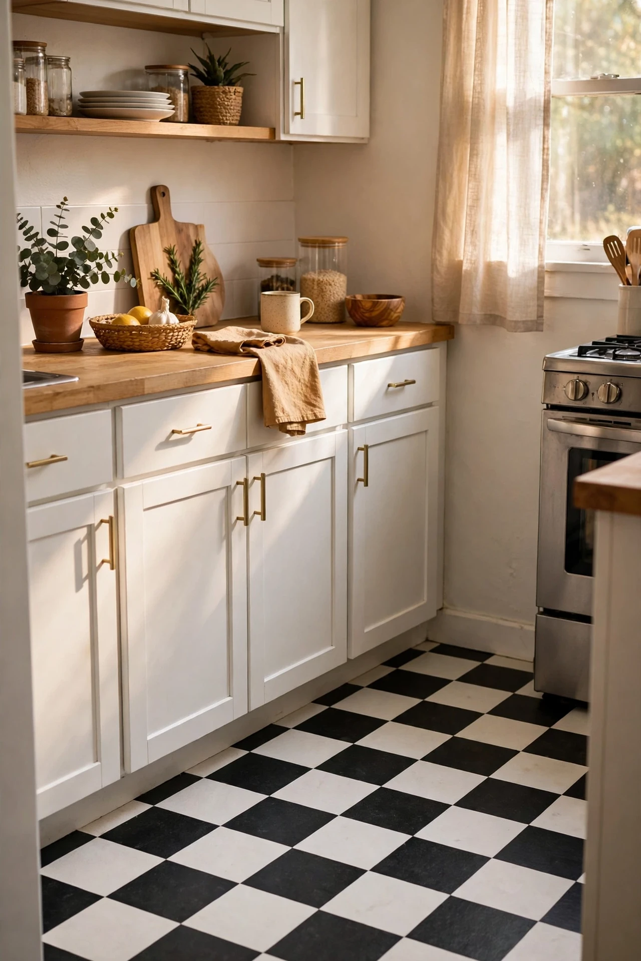 Peel-and-stick checkerboard floor tiles in a rental kitchen