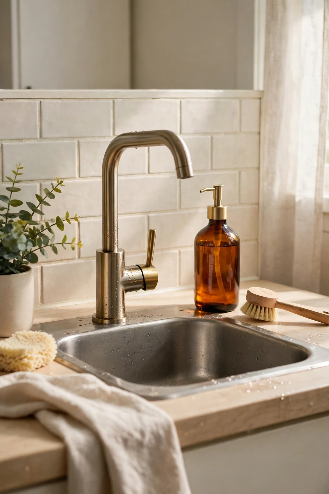 Kitchen sink with new tap and matching soap dispenser