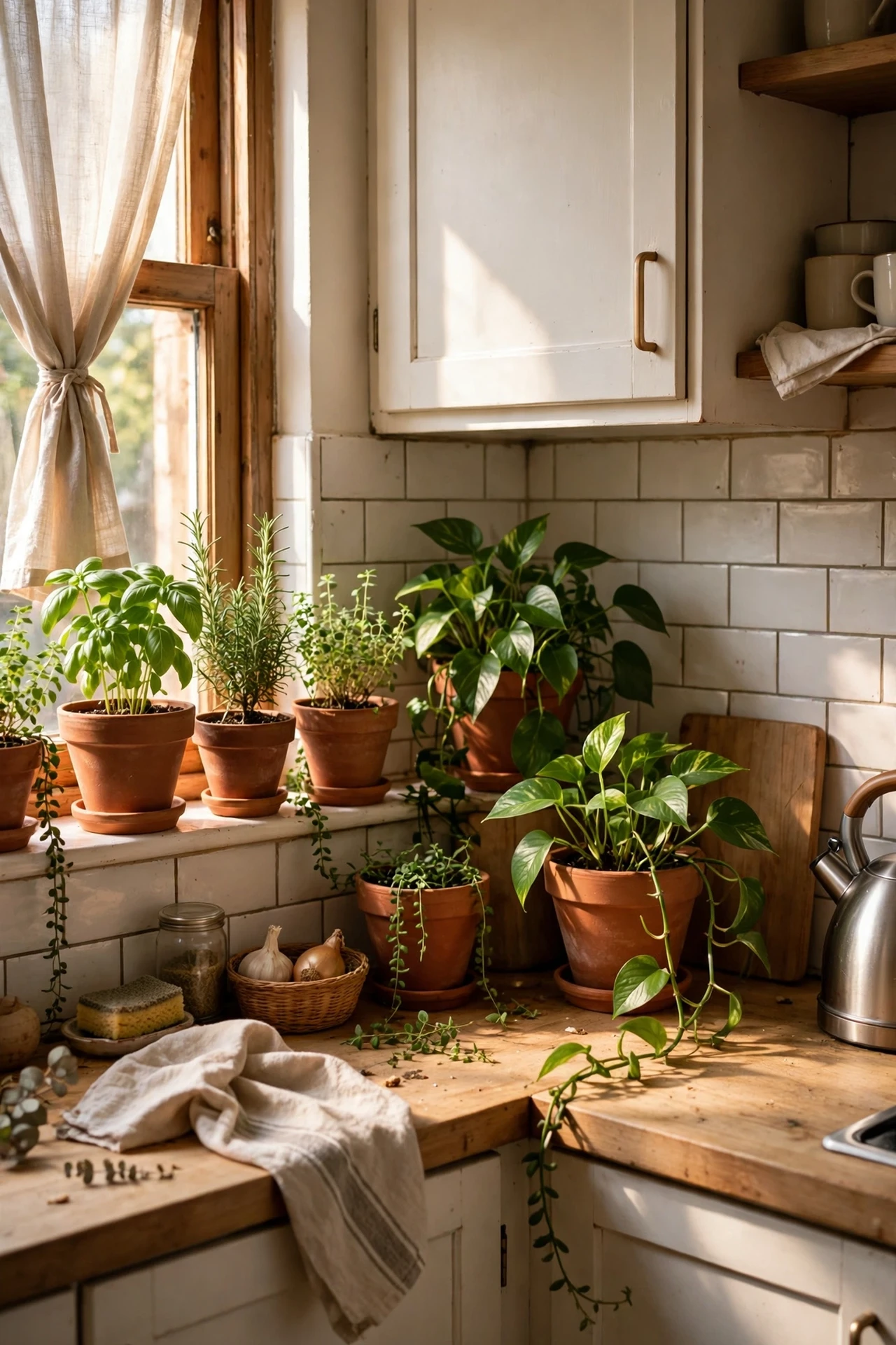 Grouped houseplants in terracotta pots in a kitchen corner