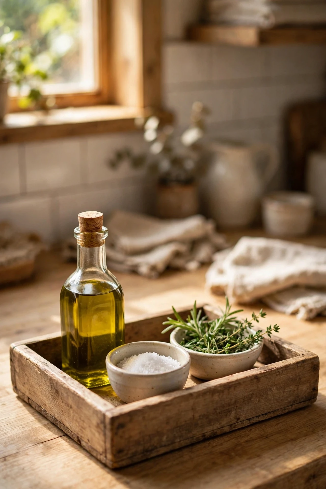 Wooden tray styling olive oil jars and herbs on kitchen counter