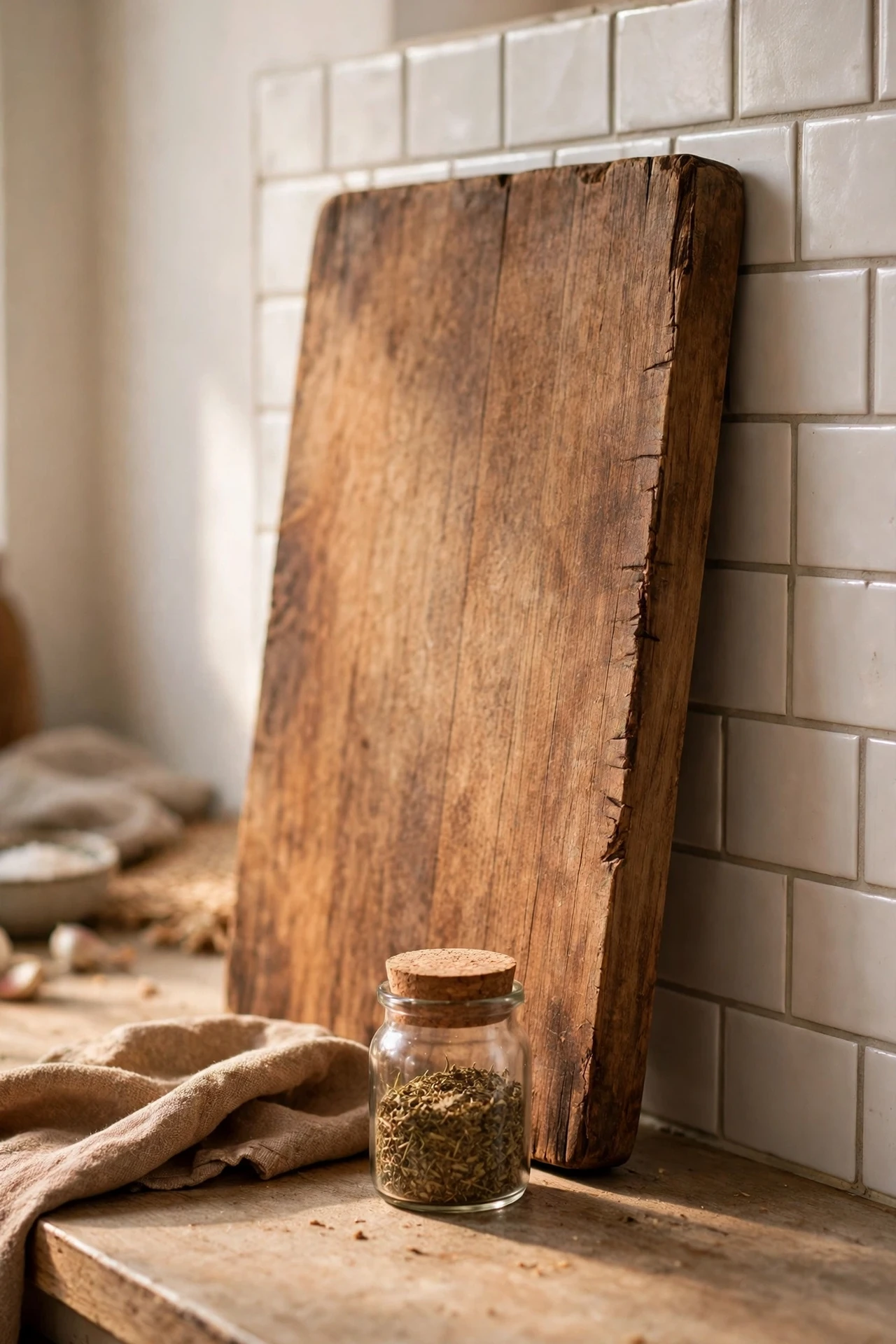 Wooden cutting board leaned against kitchen splashback as decor backdrop