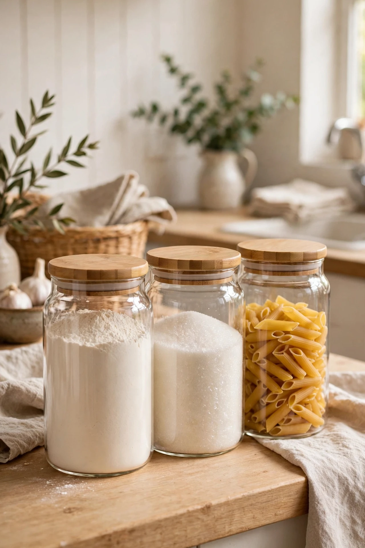 Matching glass jars of flour sugar and pasta on kitchen counter