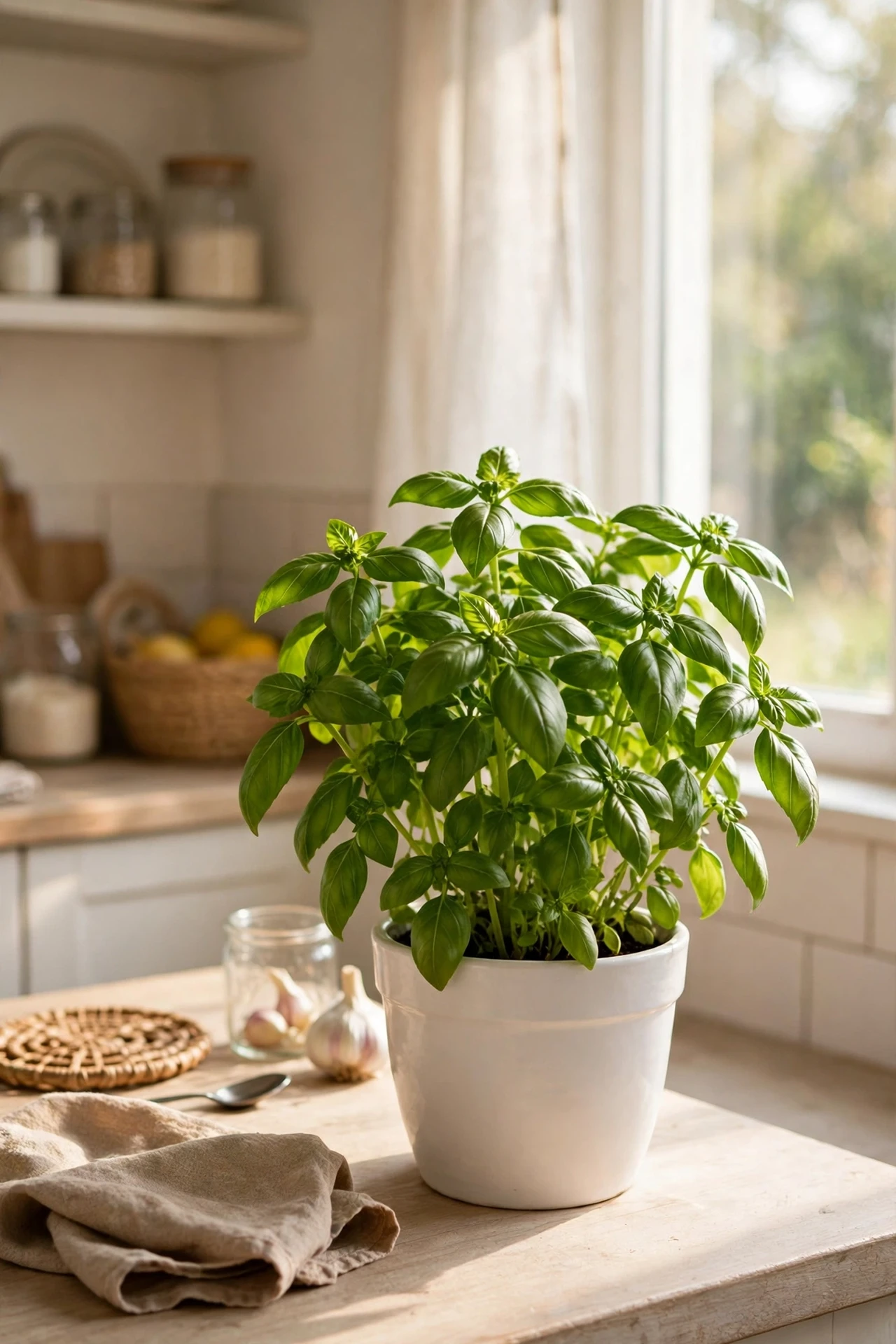 Fresh basil herb plant in ceramic pot on kitchen counter
