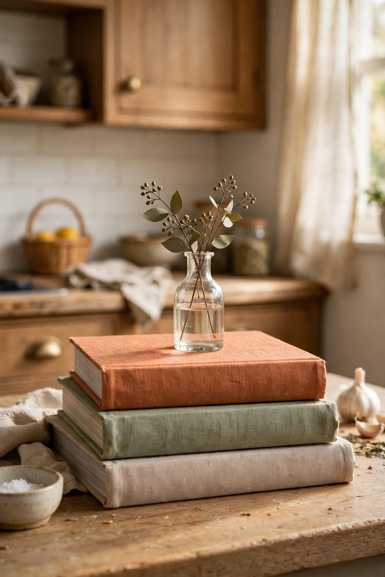 Stack of colourful cookbooks with bud vase on kitchen counter