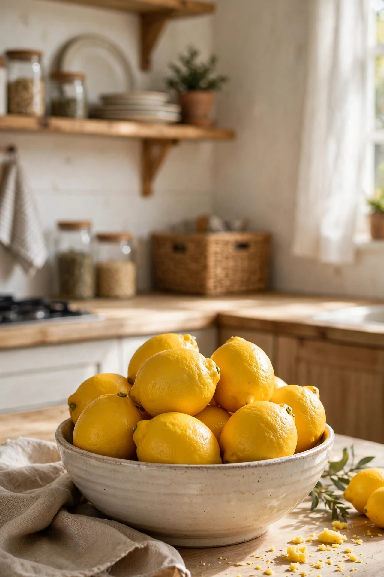 Ceramic bowl of fresh lemons as kitchen counter decor