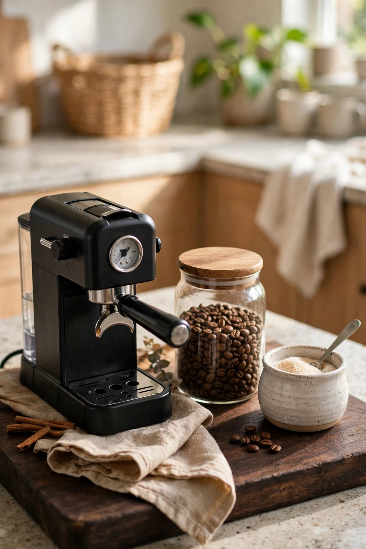 Coffee machine and jars arranged on wooden board as station