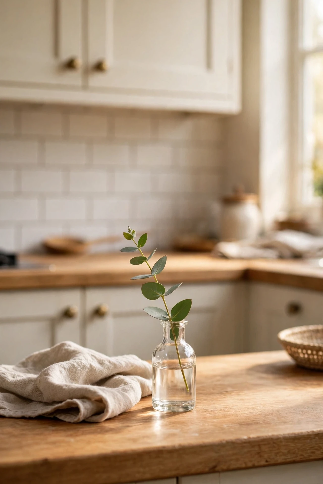 Single eucalyptus stem in tiny bud vase on counter